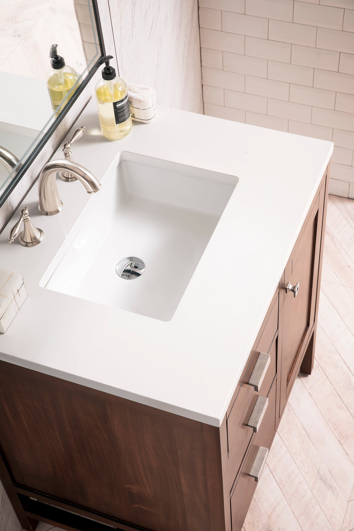 
                  
                    Addison 30" Single Vanity Cabinet in Mid-Century Acacia Single Bathroom Vanity James Martin Vanities White Zeus Silestone 
                  
                