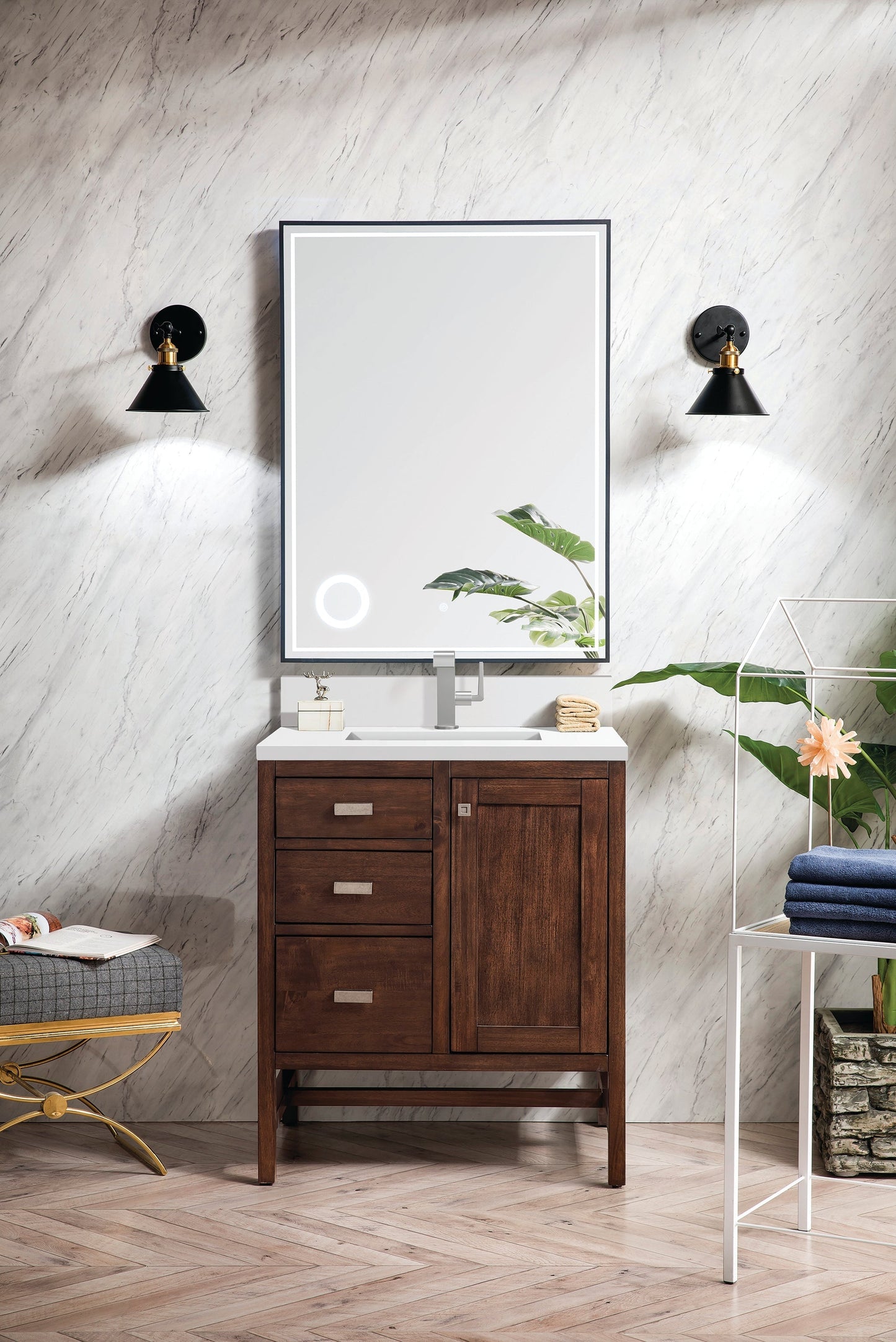 
                  
                    Addison 30" Single Vanity Cabinet in Mid-Century Acacia Single Bathroom Vanity James Martin Vanities White Zeus Single Faucet Top w/Backsplash 
                  
                