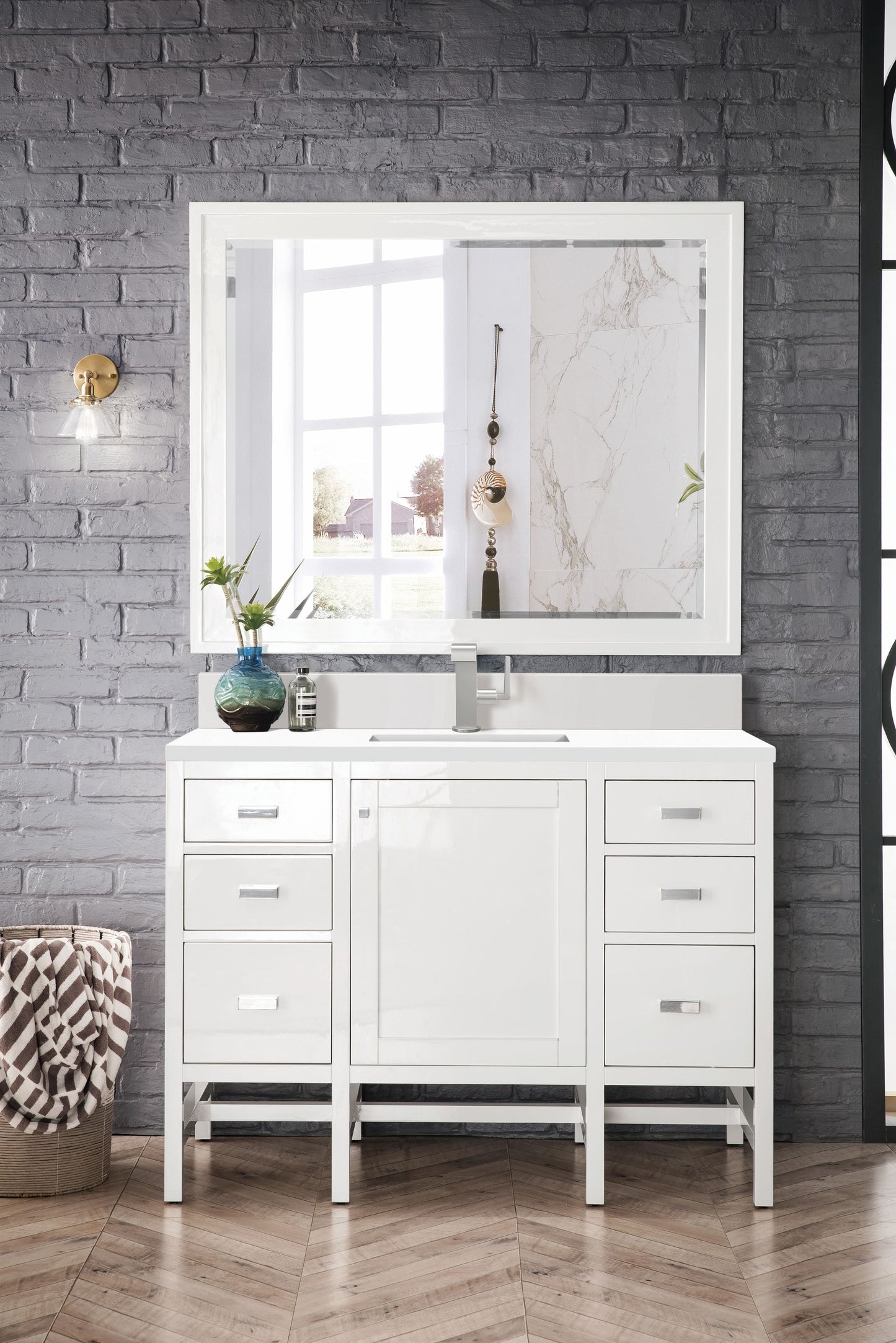 
                  
                    Addison 48" Single Vanity Cabinet in Glossy White Single Bathroom Vanity James Martin Vanities White Zeus Silestone Single-Hole Faucet Top with Backsplash 
                  
                