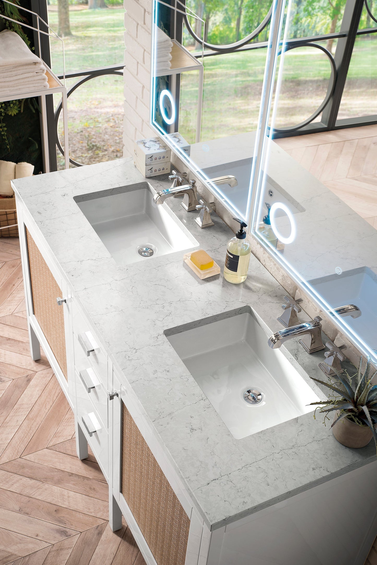 
                  
                    Addison 60" Double Vanity Cabinet in Glossy White Double bathroom Vanity James Martin Vanities Eternal Jasmine Pearl Silestone 
                  
                