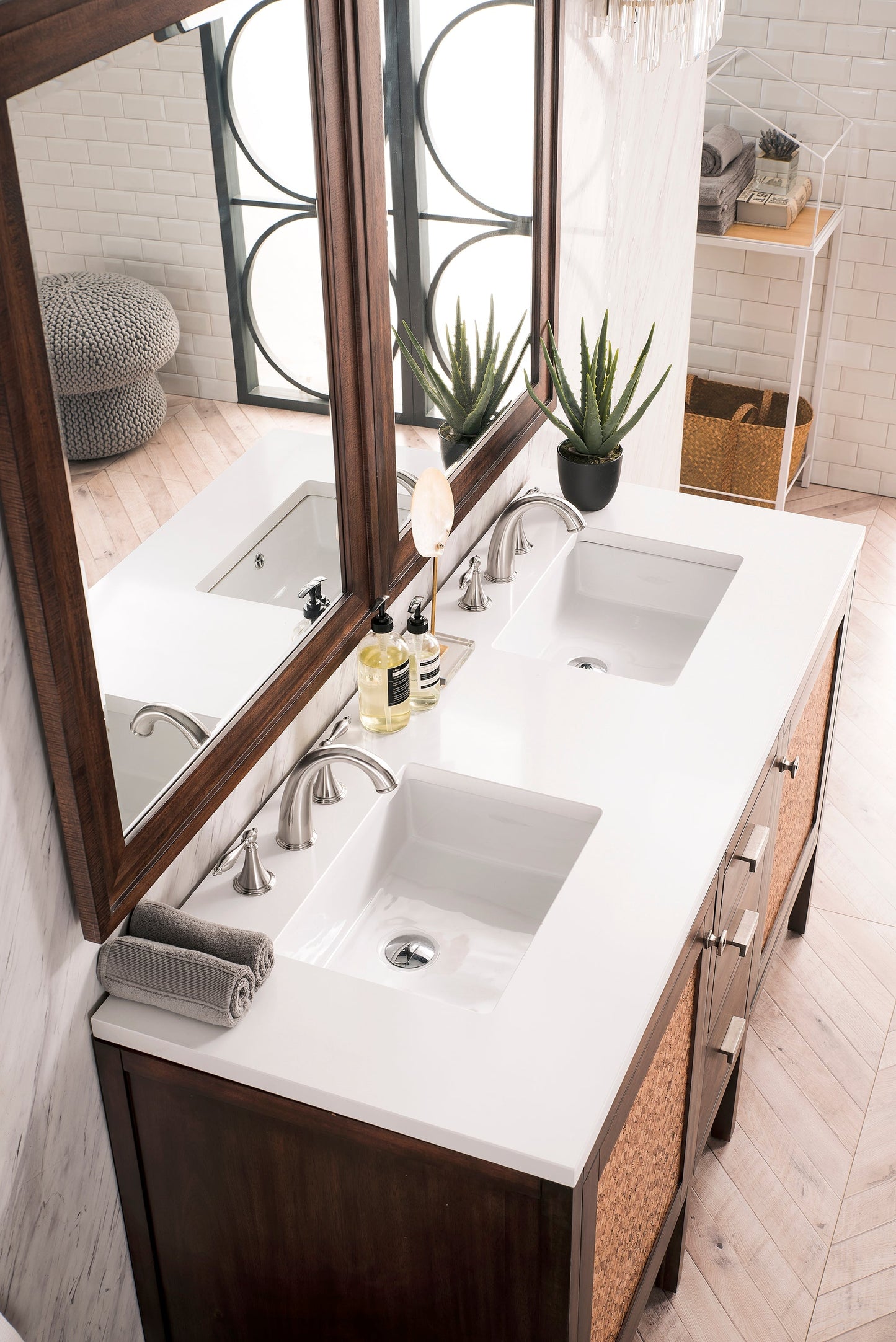 
                  
                    Addison 60" Double Vanity Cabinet in Mid-Century Acacia Double bathroom Vanity James Martin Vanities White Zeus Silestone 
                  
                