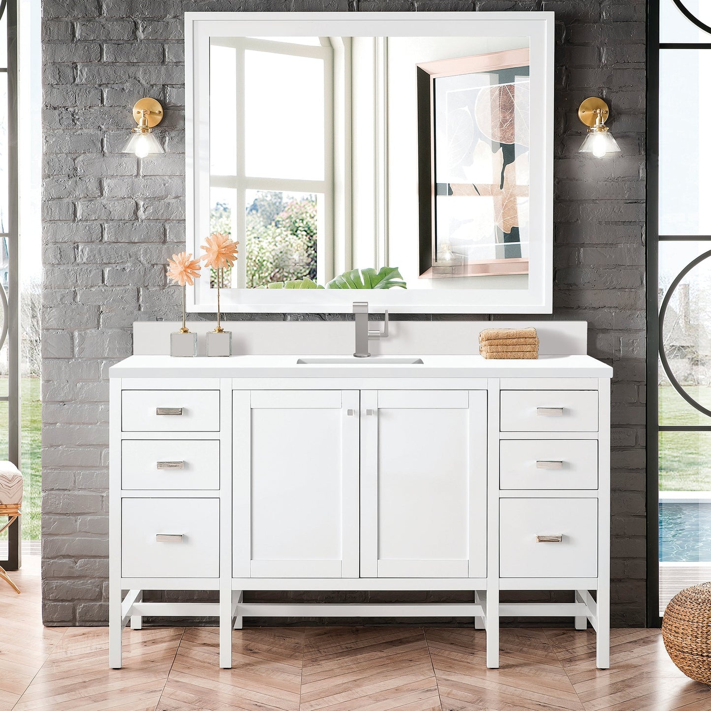 Addison 60" Single Vanity Cabinet in Glossy White Single Bathroom Vanity James Martin Vanities White Zeus Single Faucet Top w/Backsplash 