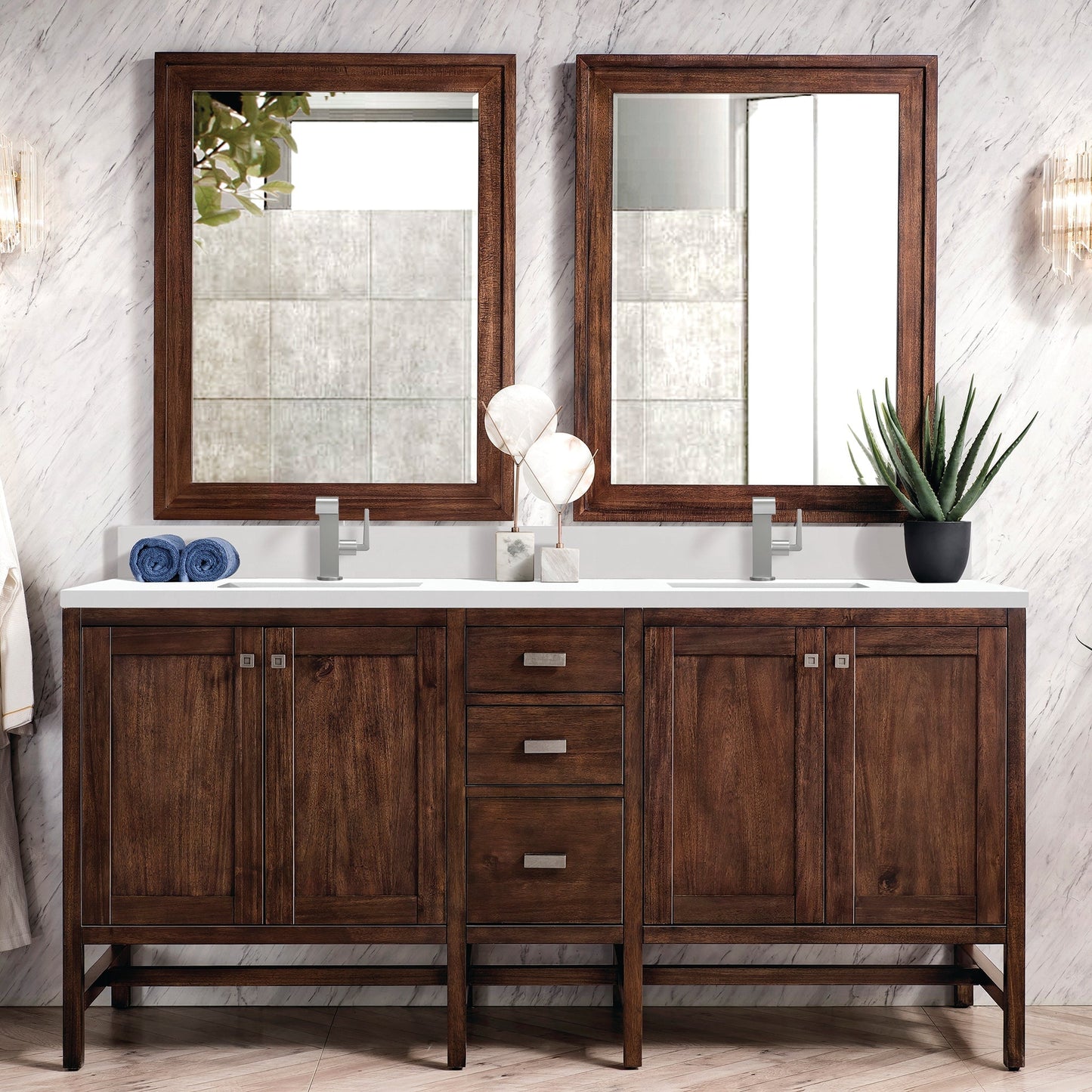 
                  
                    Addison 72" Double Vanity Cabinet in Mid-Century Acacia Double Bathroom Vanity James Martin Vanities White Zeus Single Faucet Top w/Backsplash 
                  
                