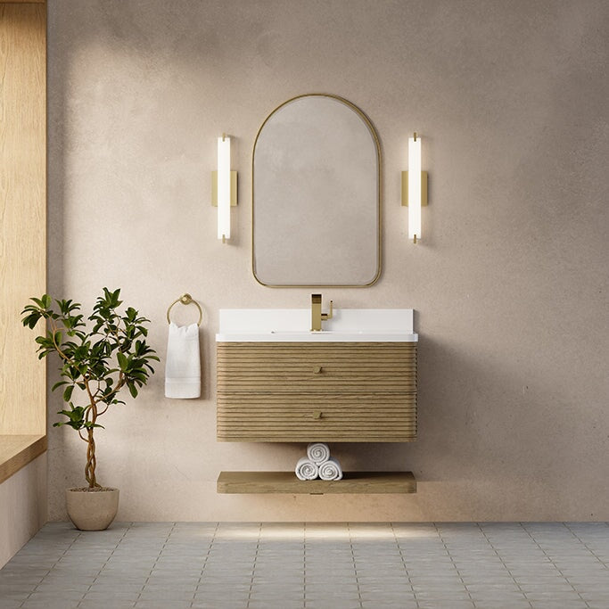 Allamari 36" Single Vanity in Dune Mist James Martin Vanities White Zeus Silestone Single Faucet Top w/Backsplash 