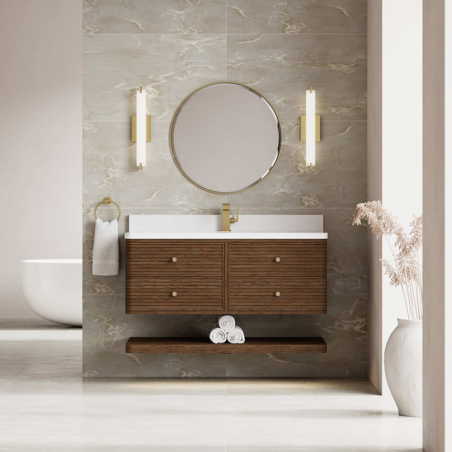 
                  
                    Allamari 48" Single Vanity in Sable Single Bathroom Vanity James Martin Vanities White Zeus Silestone Single Faucet Top w/Backsplash 
                  
                