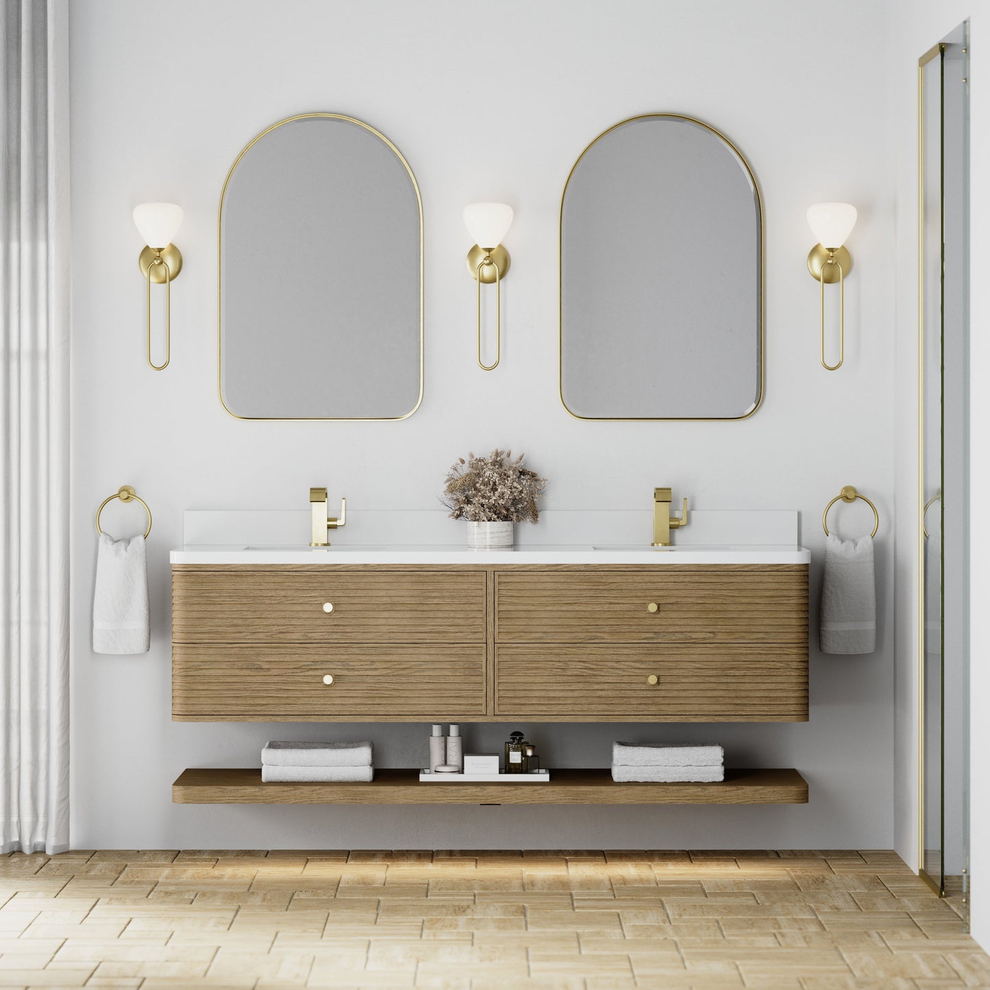 
                  
                    Allamari 72" Double Vanity in Dune Mist Double Bathroom Vanity James Martin Vanities White Zeus Silestone Single Faucet Top w/Backsplash 
                  
                