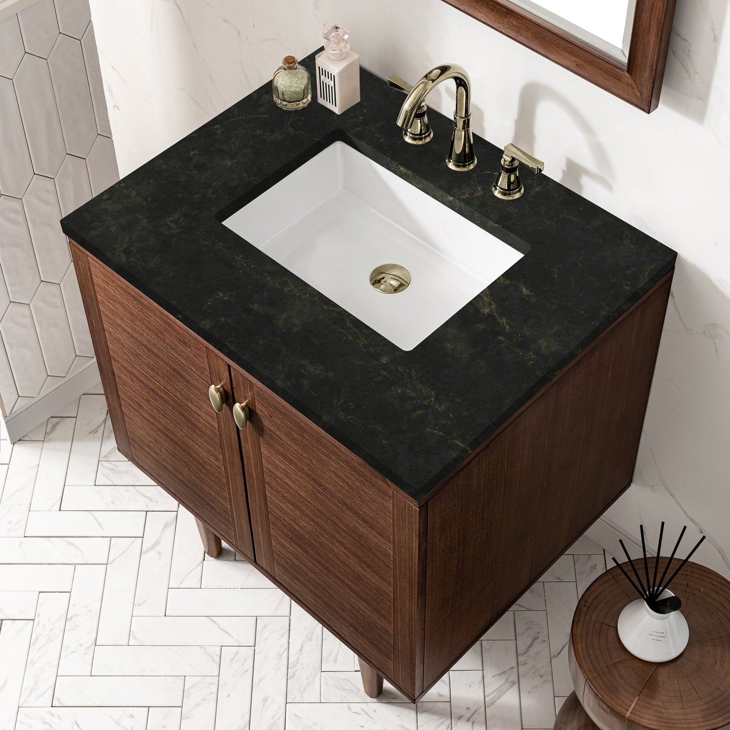 
                  
                    Amberly 30" Single Vanity in Mid-Century Walnut Single Bathroom Vanity James Martin Vanities Phantome Eclos 
                  
                