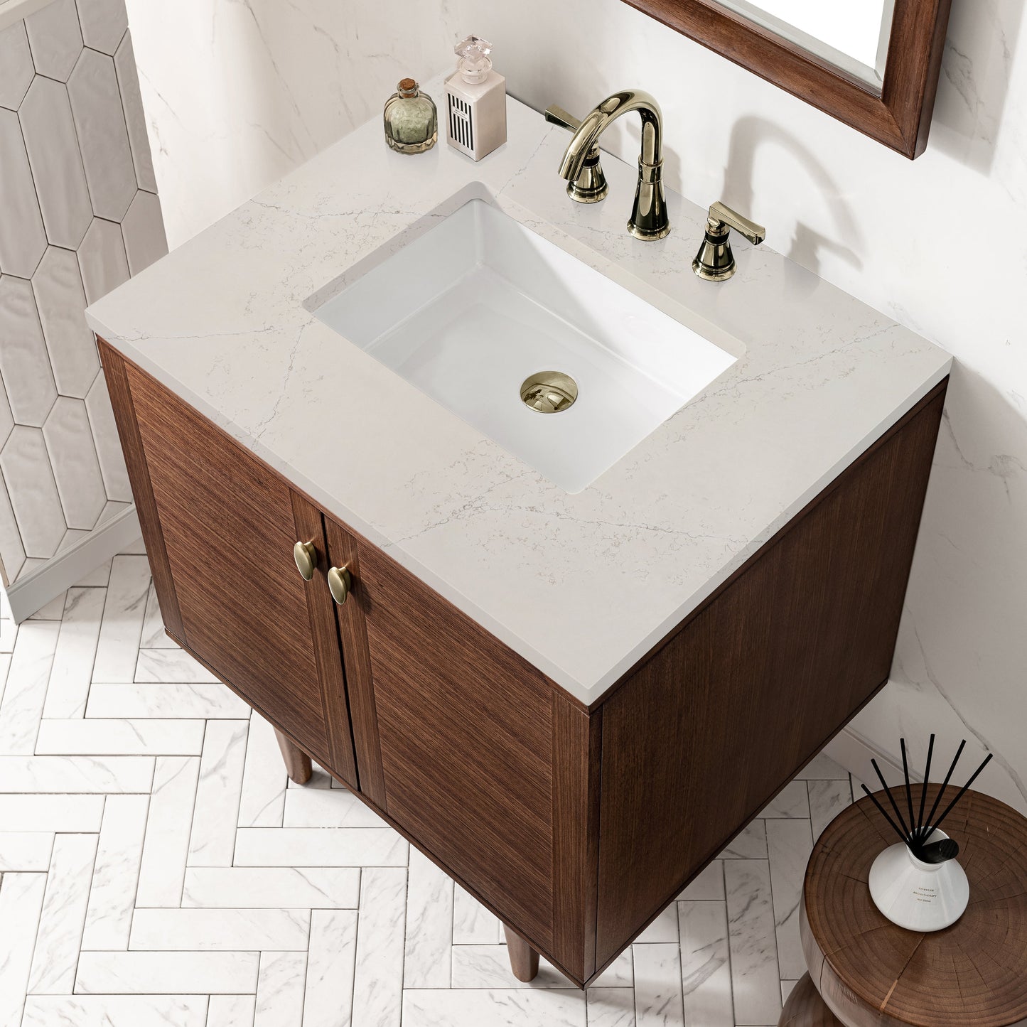
                  
                    Amberly 30" Single Vanity in Mid-Century Walnut Single Bathroom Vanity James Martin Vanities Siberian Silestone 
                  
                