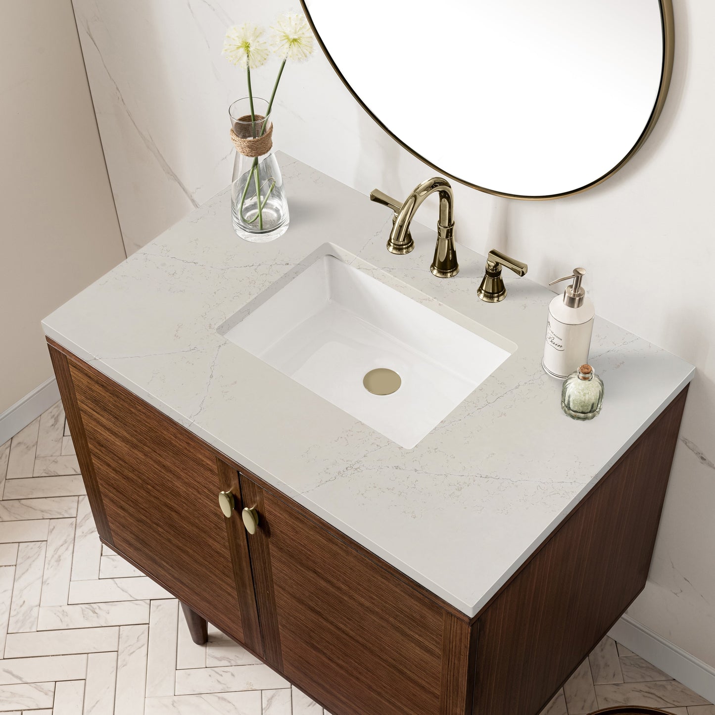 
                  
                    Amberly 36" Single Vanity in Mid-Century Walnut Single Bathroom Vanity James Martin Vanities Siberian Silestone 
                  
                