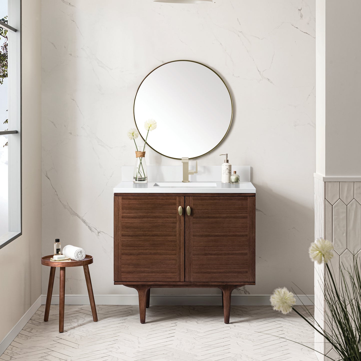 
                  
                    Amberly 36" Single Vanity in Mid-Century Walnut Single Bathroom Vanity James Martin Vanities White Zeus Silestone Single-Hole Faucet Top with Backsplash 
                  
                