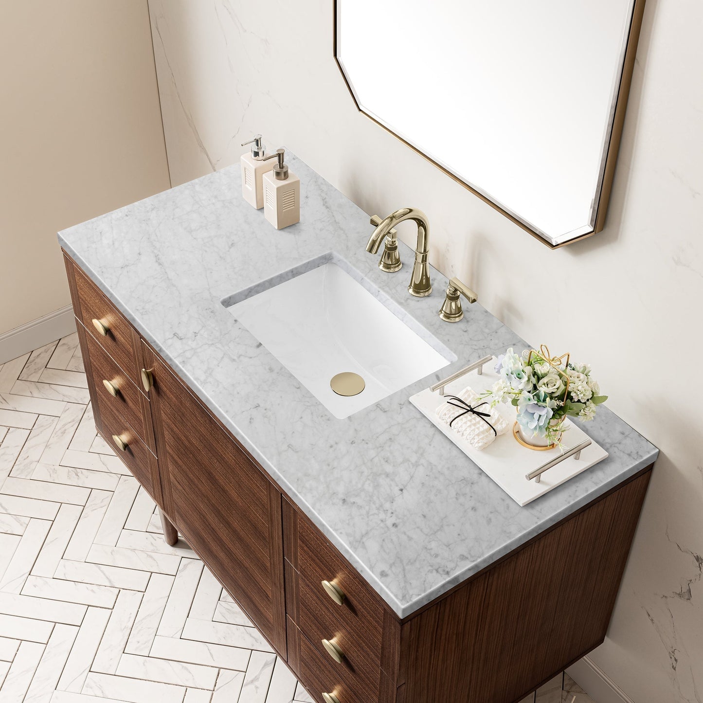 
                  
                    Amberly 48" Single Vanity in Mid-Century Walnut Single Bathroom Vanity James Martin Vanities Carrara White Marble 
                  
                
