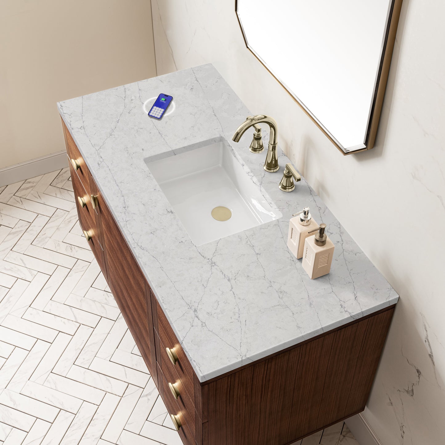 
                  
                    Amberly 48" Single Vanity in Mid-Century Walnut Single Bathroom Vanity James Martin Vanities FreePower-Enabled Eternal Jasmine Pearl Silestone 
                  
                
