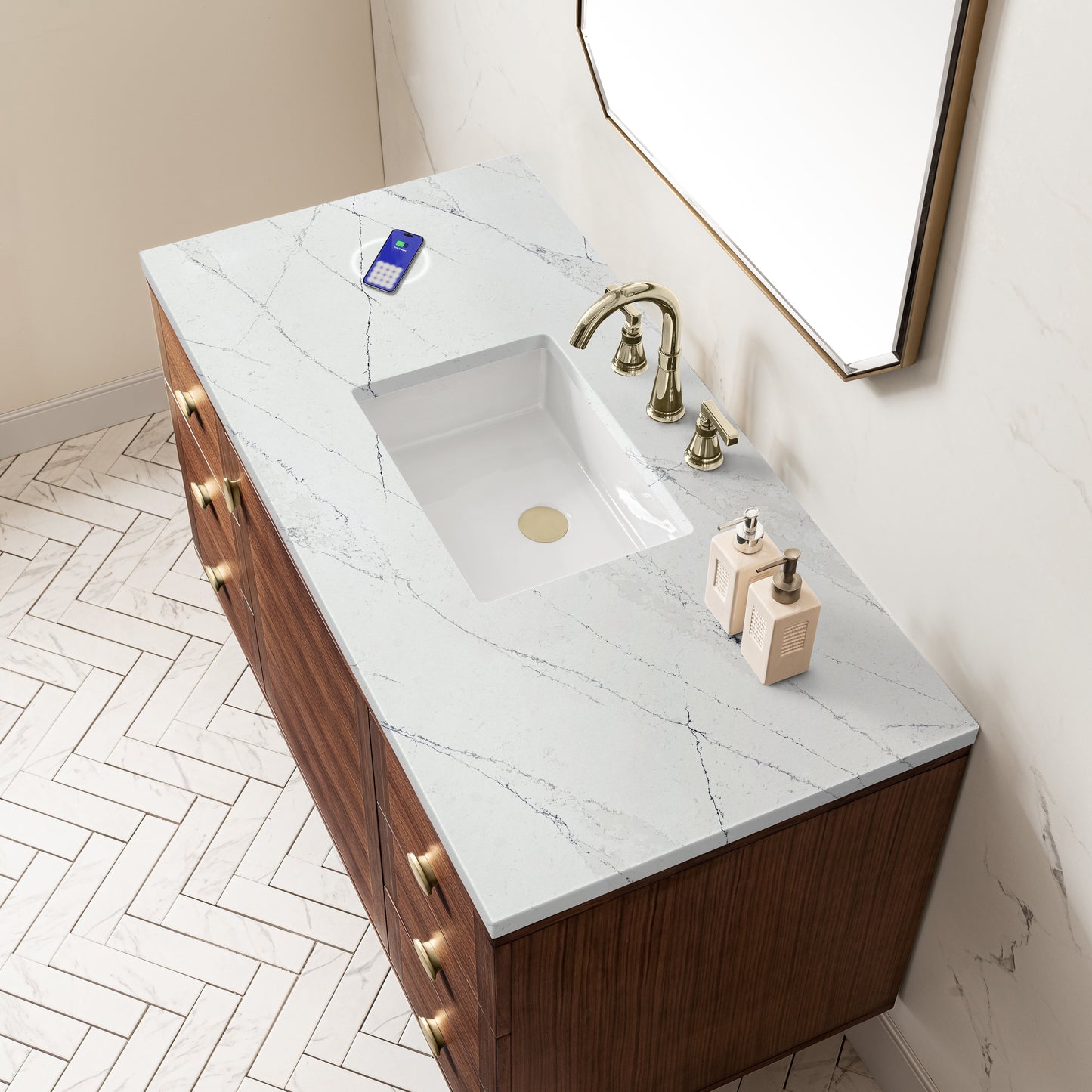 
                  
                    Amberly 48" Single Vanity in Mid-Century Walnut Single Bathroom Vanity James Martin Vanities FreePower-Enabled Ethereal Noctis Silestone 
                  
                