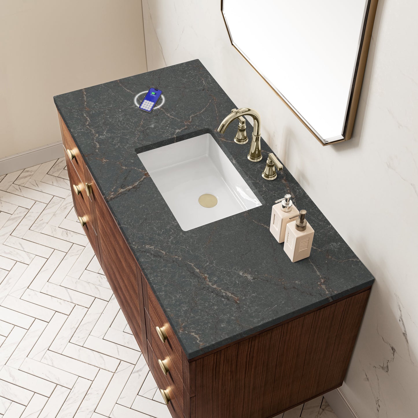 
                  
                    Amberly 48" Single Vanity in Mid-Century Walnut Single Bathroom Vanity James Martin Vanities FreePower-Enabled Parisien Bleu Silestone 
                  
                
