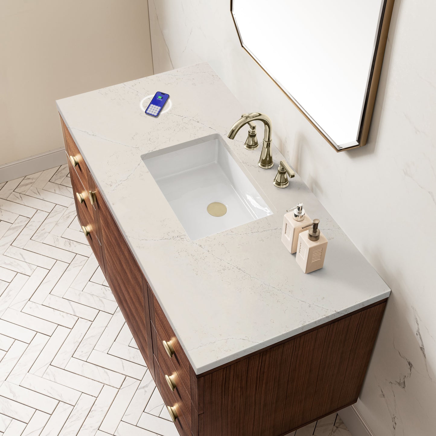 
                  
                    Amberly 48" Single Vanity in Mid-Century Walnut Single Bathroom Vanity James Martin Vanities FreePower-Enabled Siberian Silestone 
                  
                