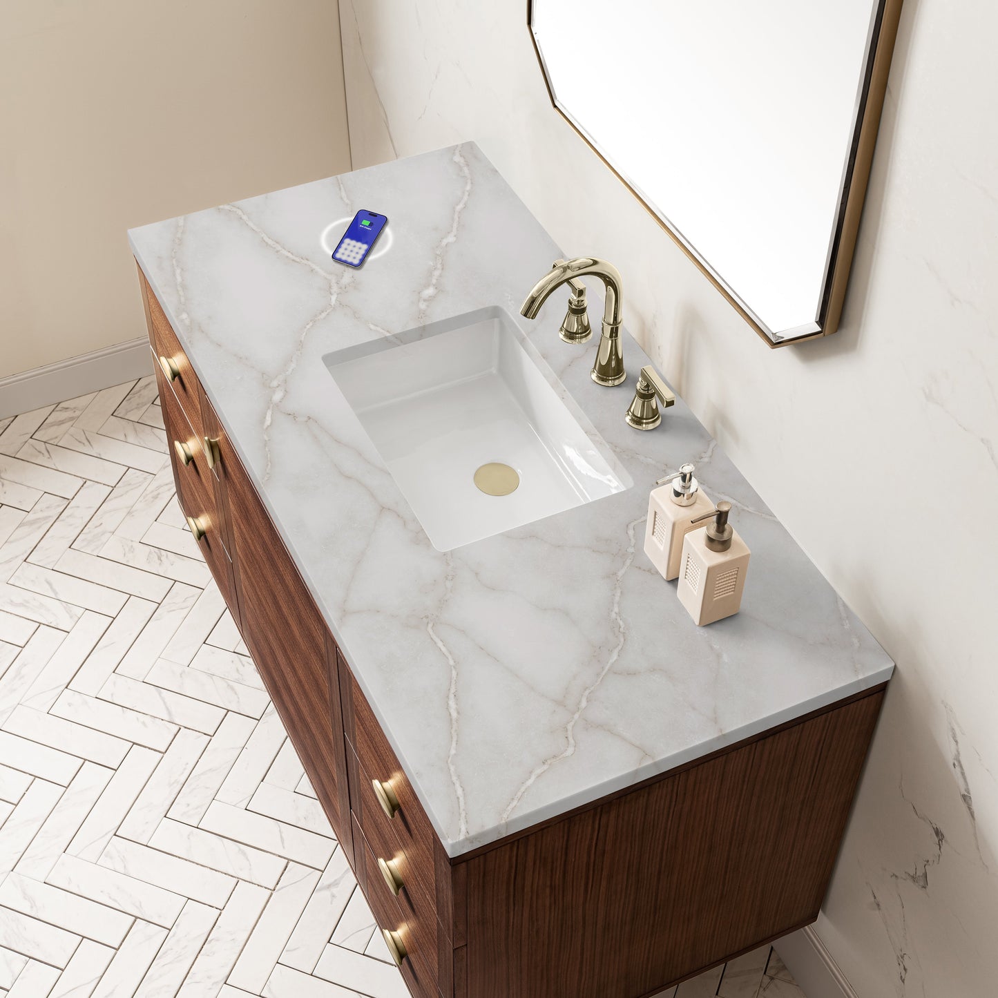 
                  
                    Amberly 48" Single Vanity in Mid-Century Walnut Single Bathroom Vanity James Martin Vanities FreePower-Enabled Victorian Silver Silestone 
                  
                