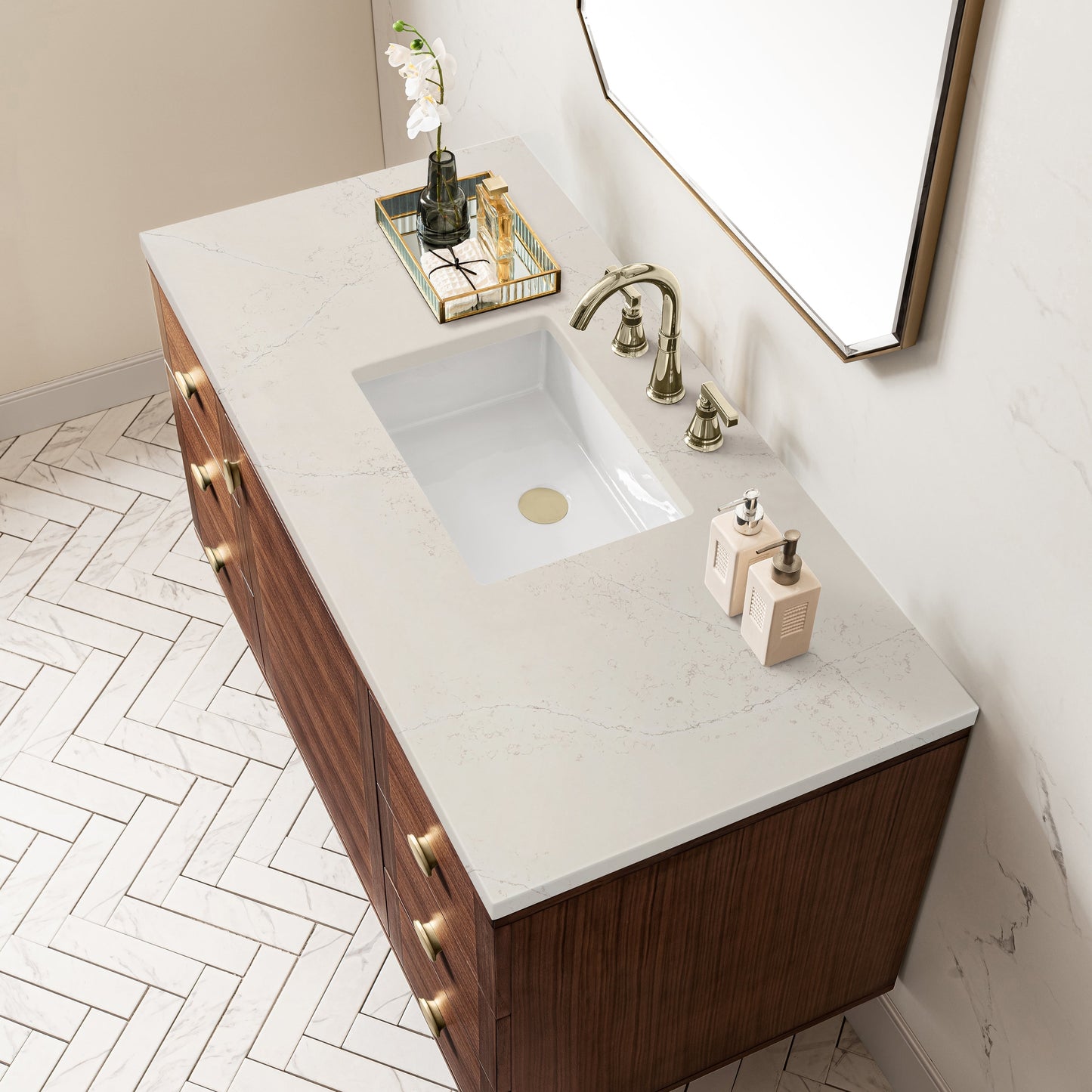 
                  
                    Amberly 48" Single Vanity in Mid-Century Walnut Single Bathroom Vanity James Martin Vanities Siberian Silestone 
                  
                