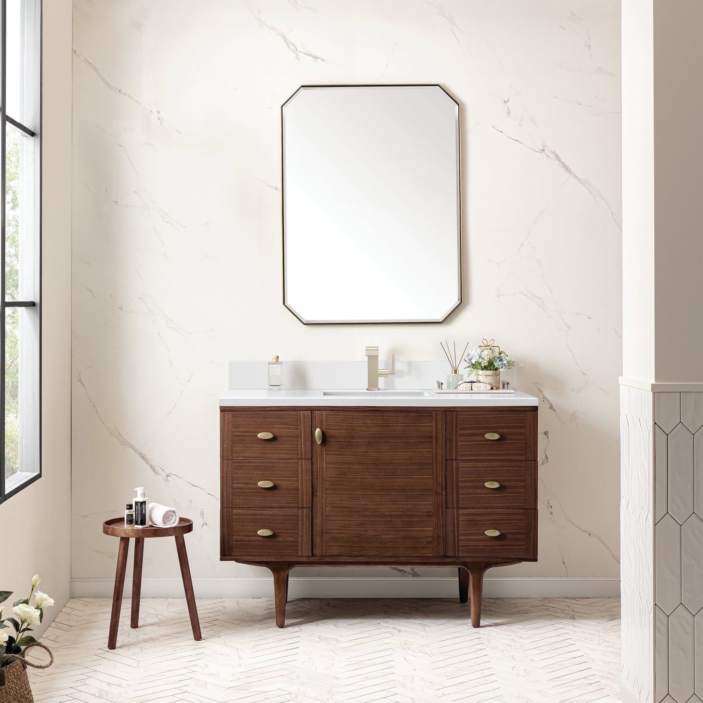 
                  
                    Amberly 48" Single Vanity in Mid-Century Walnut Single Bathroom Vanity James Martin Vanities White Zeus Silestone Single-Hole Faucet Top with Backsplash 
                  
                