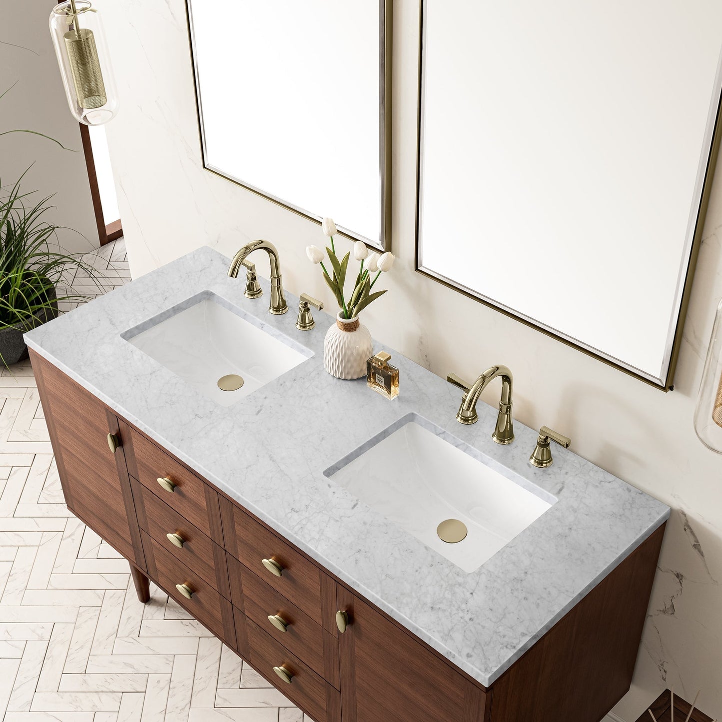 
                  
                    Amberly 60" Double Vanity in Mid-Century Walnut Double bathroom Vanity James Martin Vanities Carrara White Marble 
                  
                
