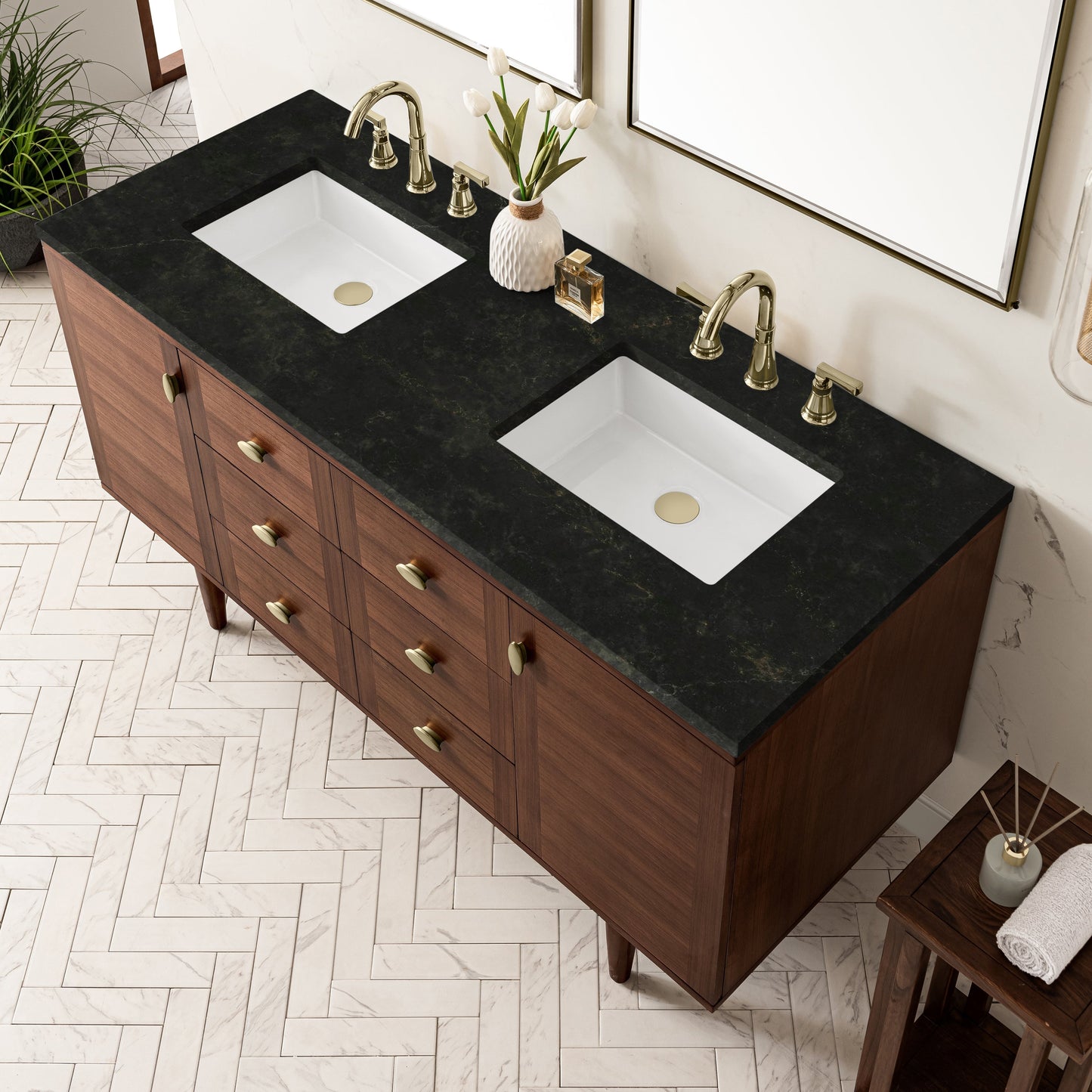 
                  
                    Amberly 60" Double Vanity in Mid-Century Walnut Double bathroom Vanity James Martin Vanities Phantome Eclos 
                  
                