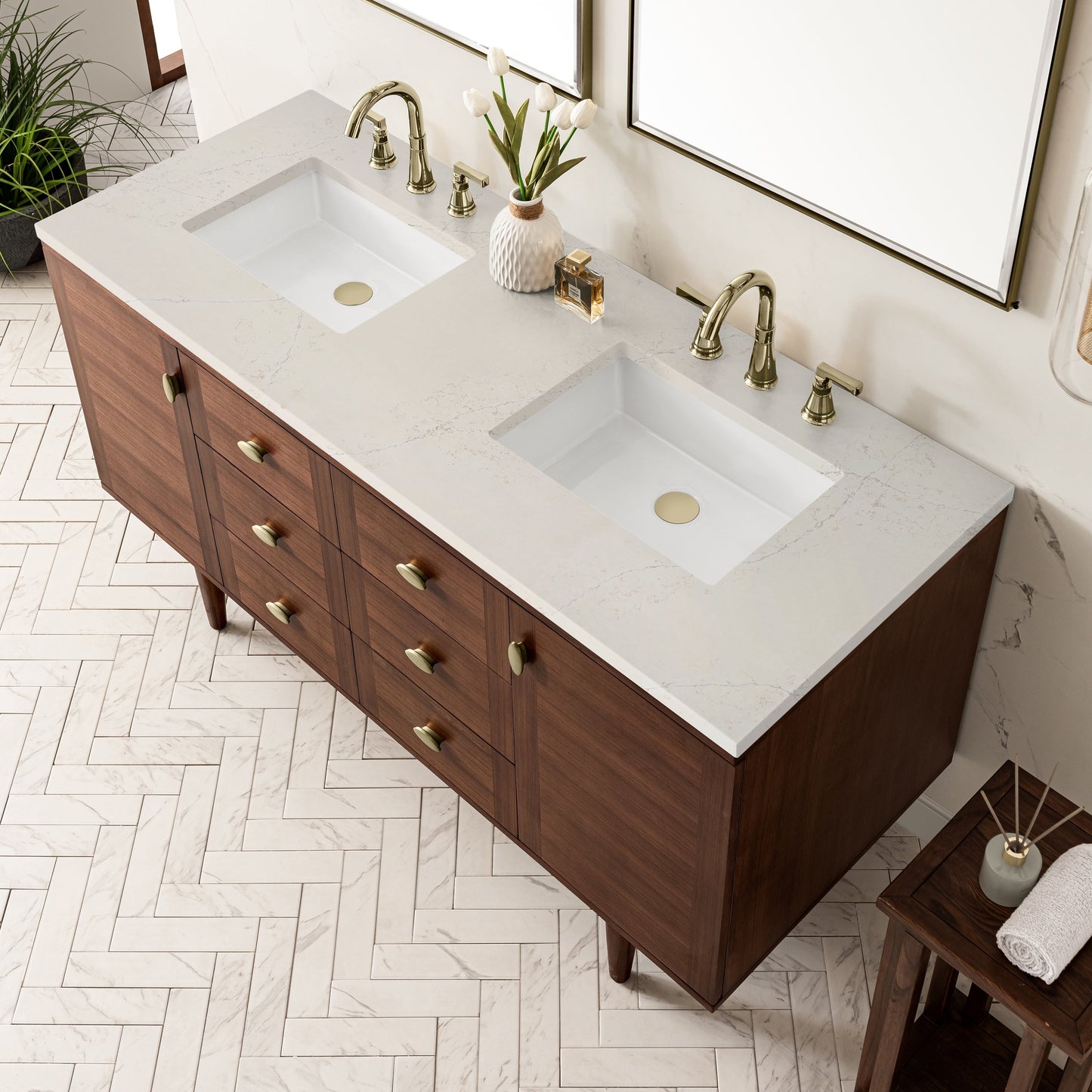 
                  
                    Amberly 60" Double Vanity in Mid-Century Walnut Double bathroom Vanity James Martin Vanities Siberian Silestone 
                  
                