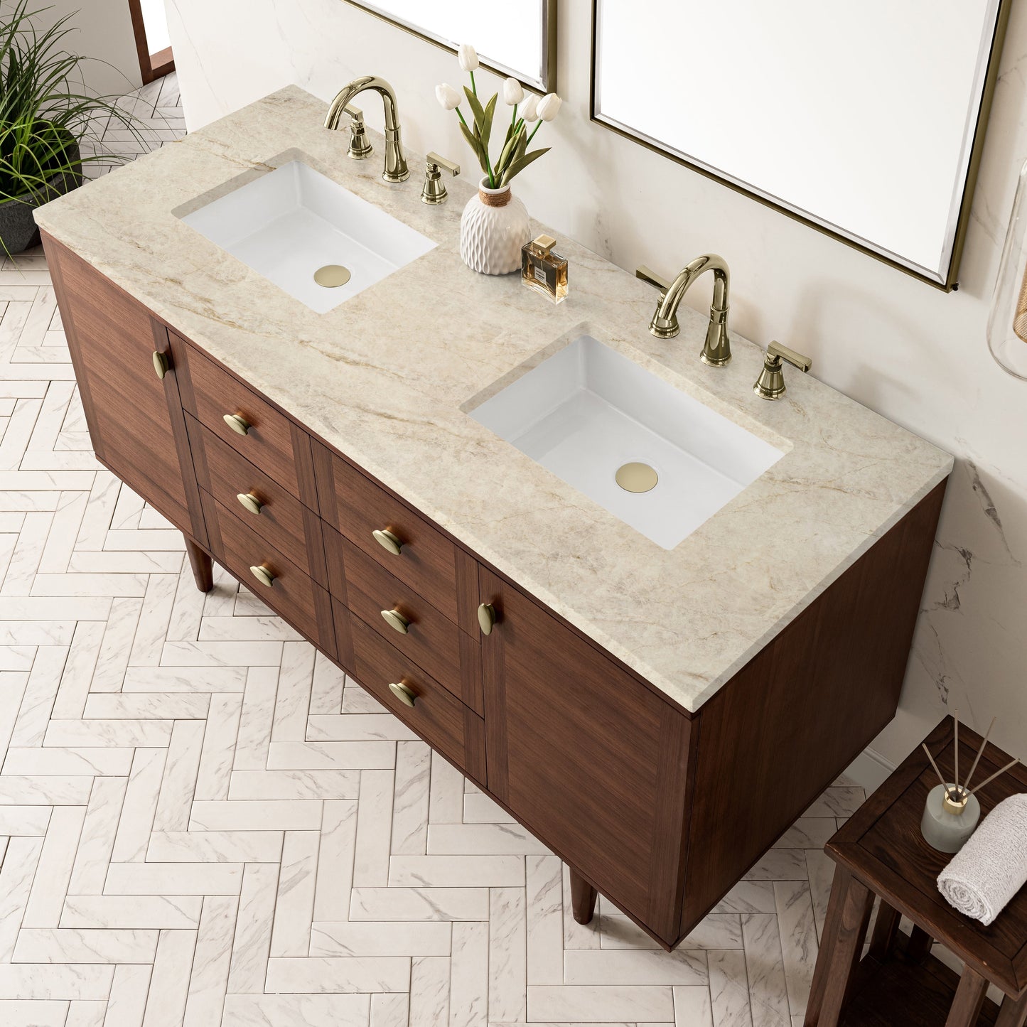 
                  
                    Amberly 60" Double Vanity in Mid-Century Walnut Double bathroom Vanity James Martin Vanities Tajnar Eclos 
                  
                