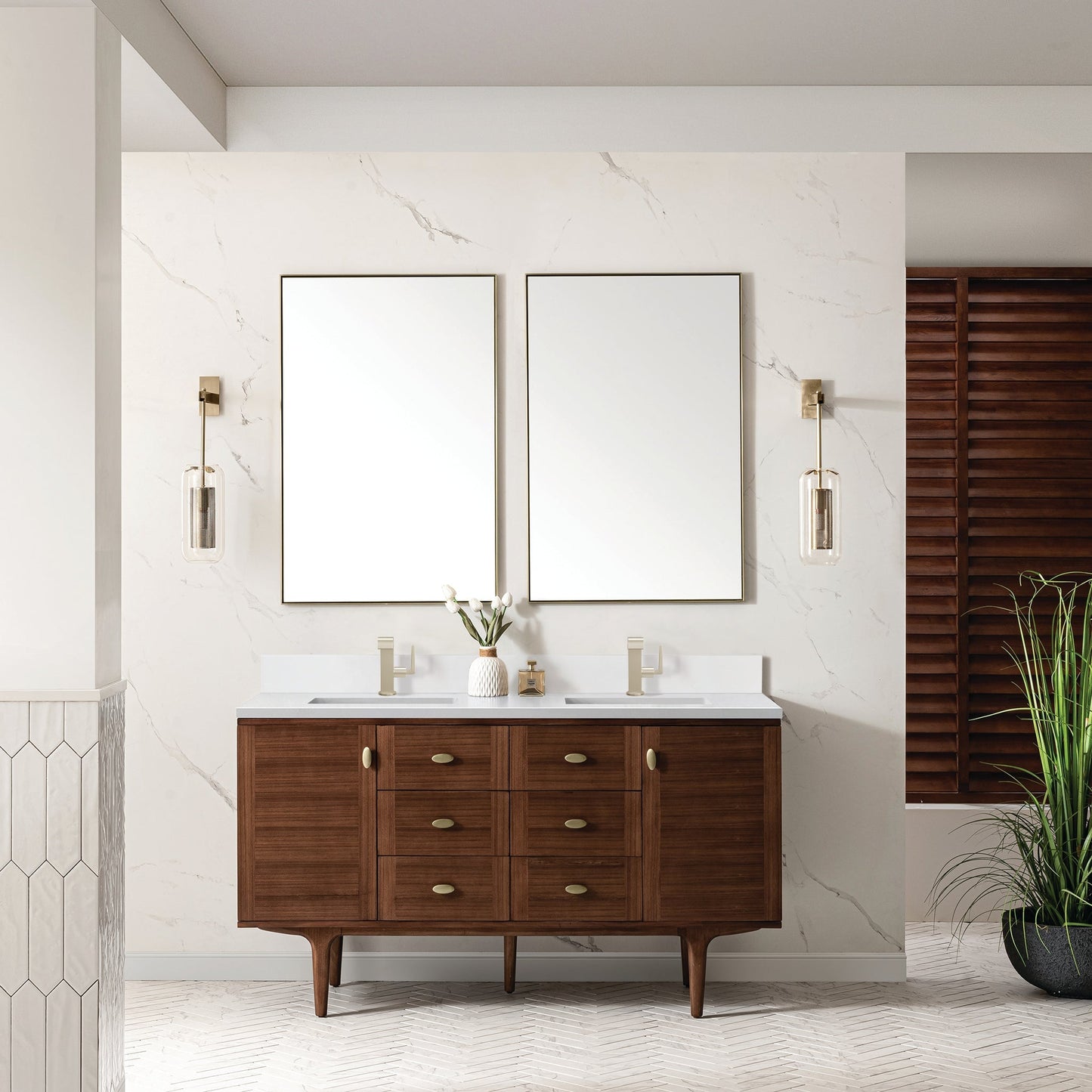 
                  
                    Amberly 60" Double Vanity in Mid-Century Walnut Double bathroom Vanity James Martin Vanities White Zeus Silestone Single-Hole Faucet Top with Backsplash 
                  
                