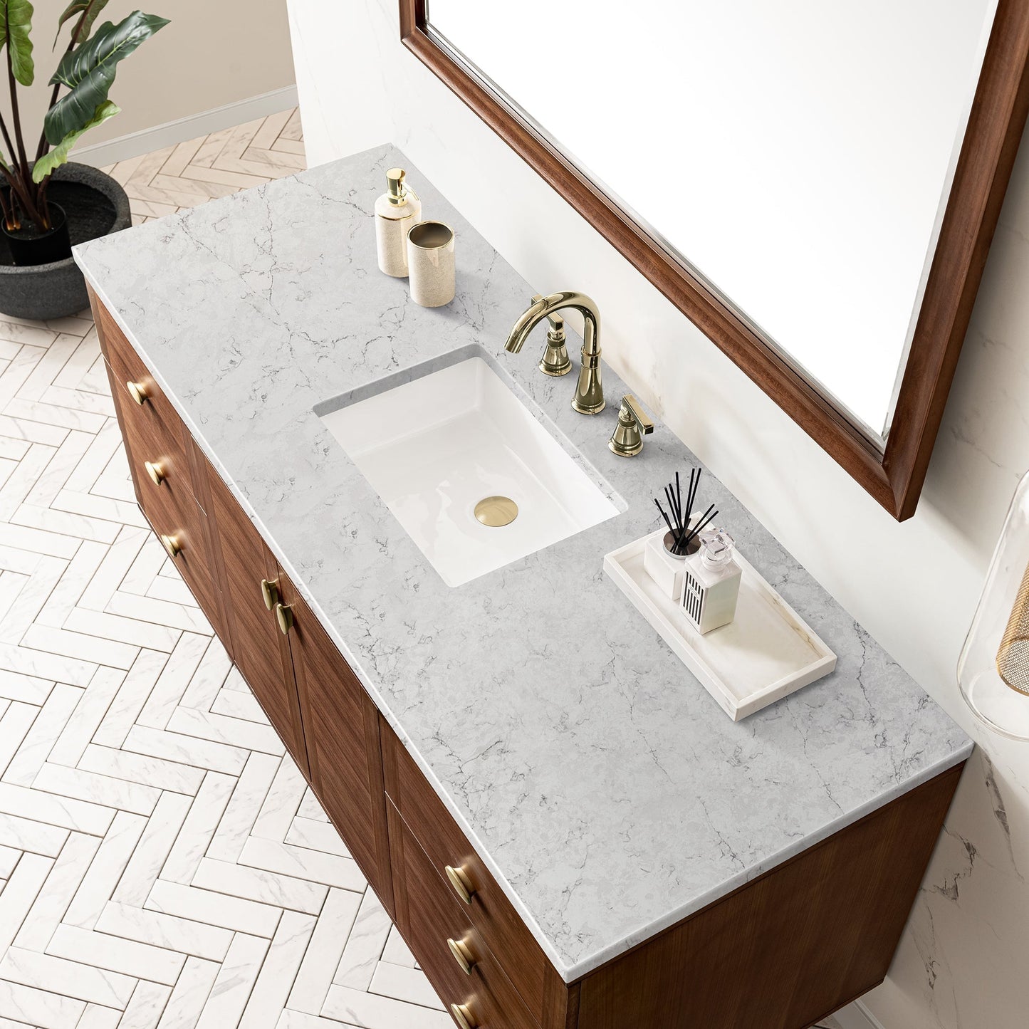 
                  
                    Amberly 60" Single Vanity in Mid-Century Walnut Single Bathroom Vanity James Martin Vanities Eternal Jasmine Pearl 
                  
                