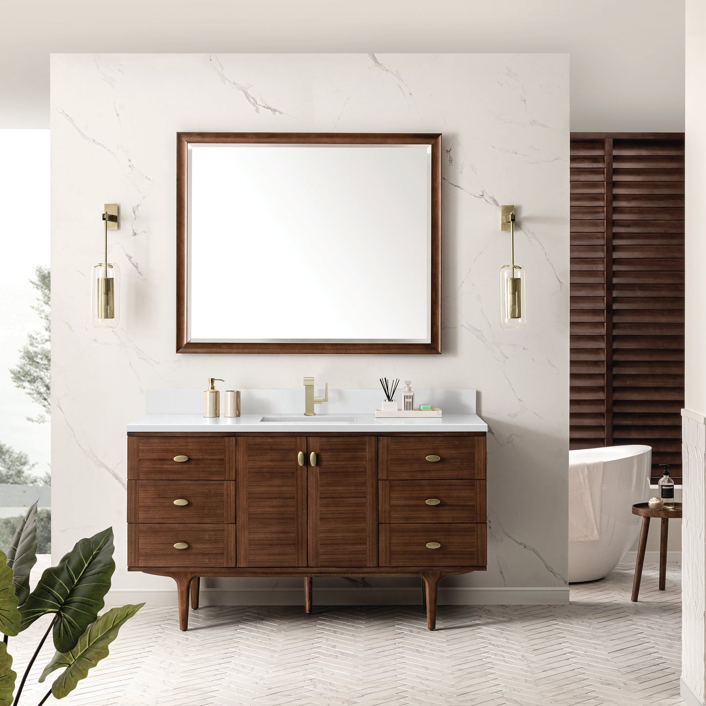
                  
                    Amberly 60" Single Vanity in Mid-Century Walnut Single Bathroom Vanity James Martin Vanities White Zeus Silestone Single-Hole Faucet Top with Backsplash 
                  
                