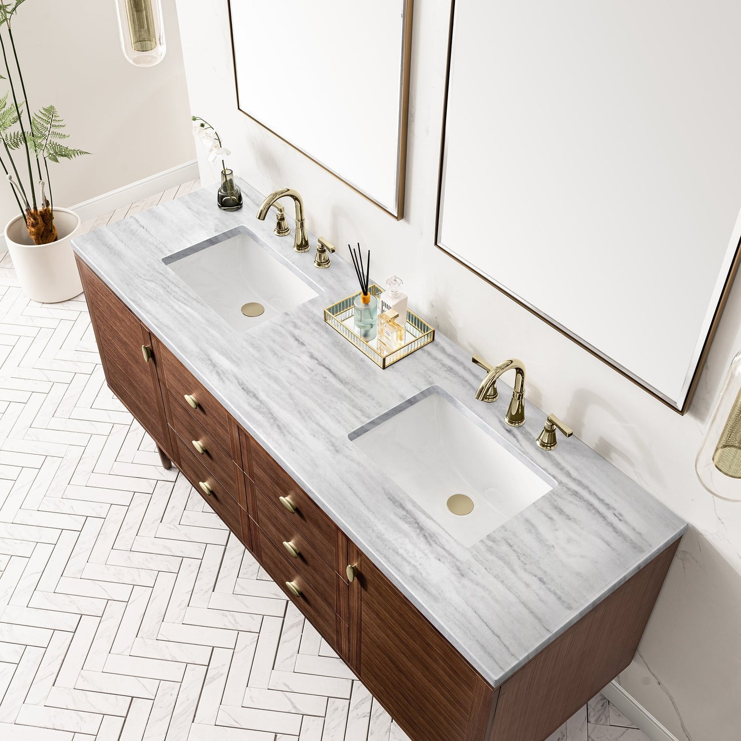 
                  
                    Amberly 72" Double Vanity in Mid-Century Walnut Double Bathroom Vanity James Martin Vanities Arctic Fall solid surface 
                  
                