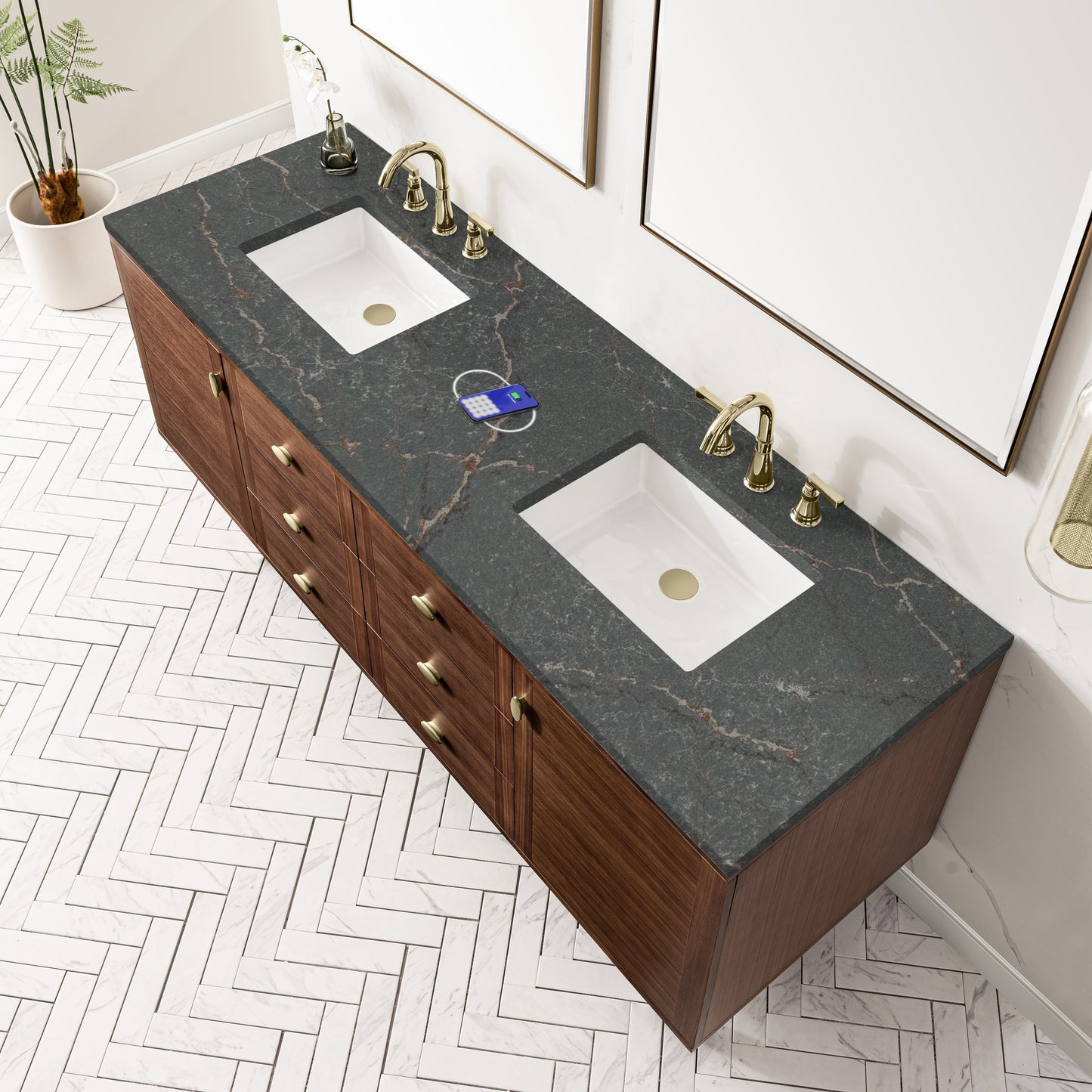 
                  
                    Amberly 72" Double Vanity in Mid-Century Walnut Double Bathroom Vanity James Martin Vanities FreePower-Enabled Parisien Bleu Silestone 
                  
                