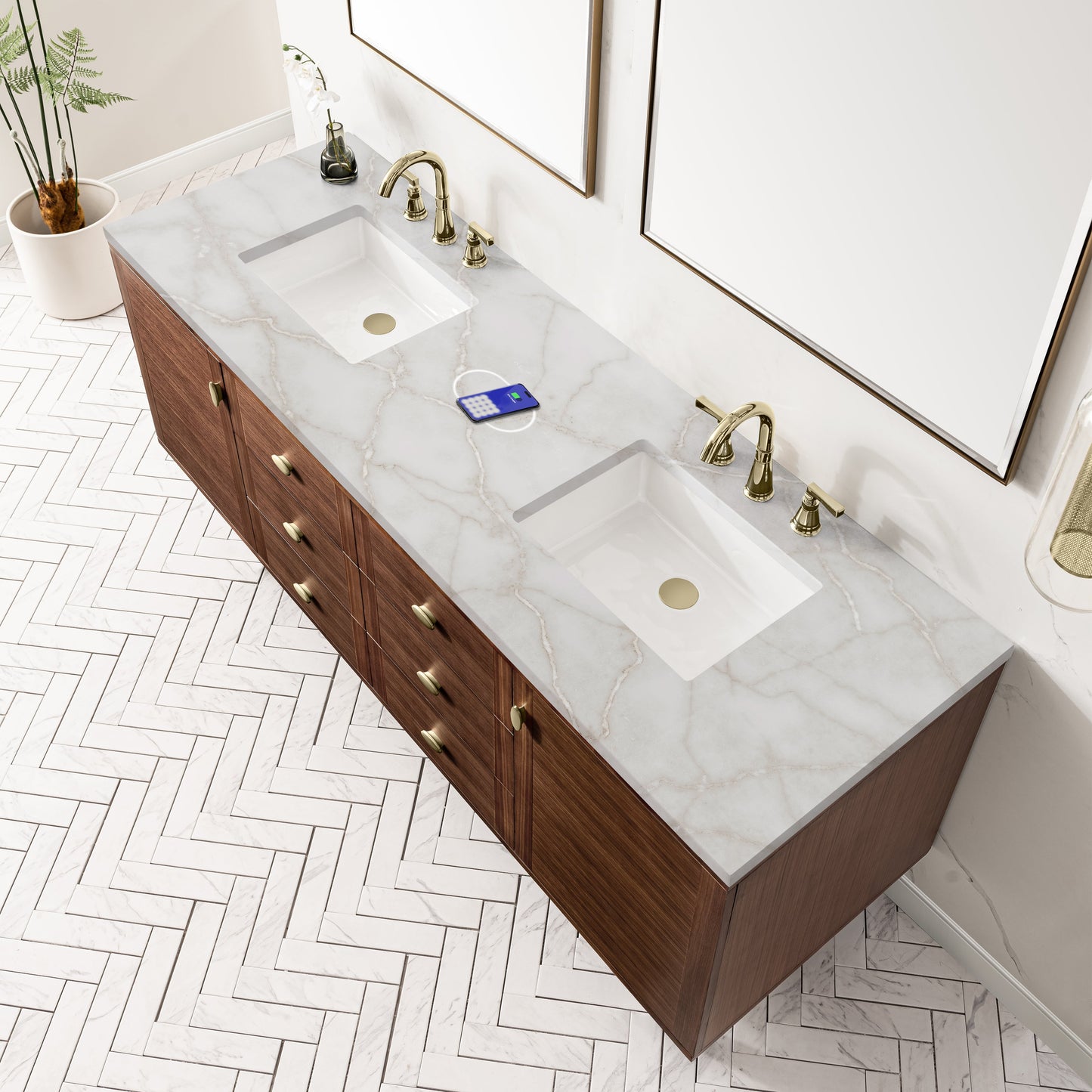 
                  
                    Amberly 72" Double Vanity in Mid-Century Walnut Double Bathroom Vanity James Martin Vanities FreePower-Enabled Victorian Silver Silestone 
                  
                