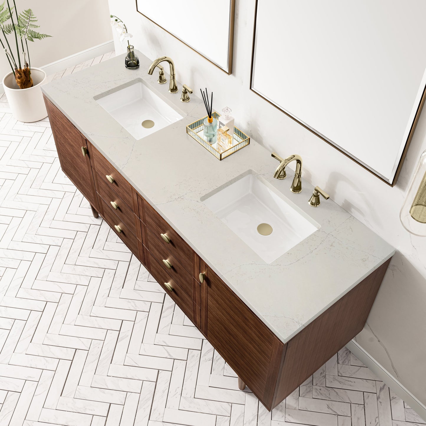 
                  
                    Amberly 72" Double Vanity in Mid-Century Walnut Double Bathroom Vanity James Martin Vanities Siberian Silestone 
                  
                