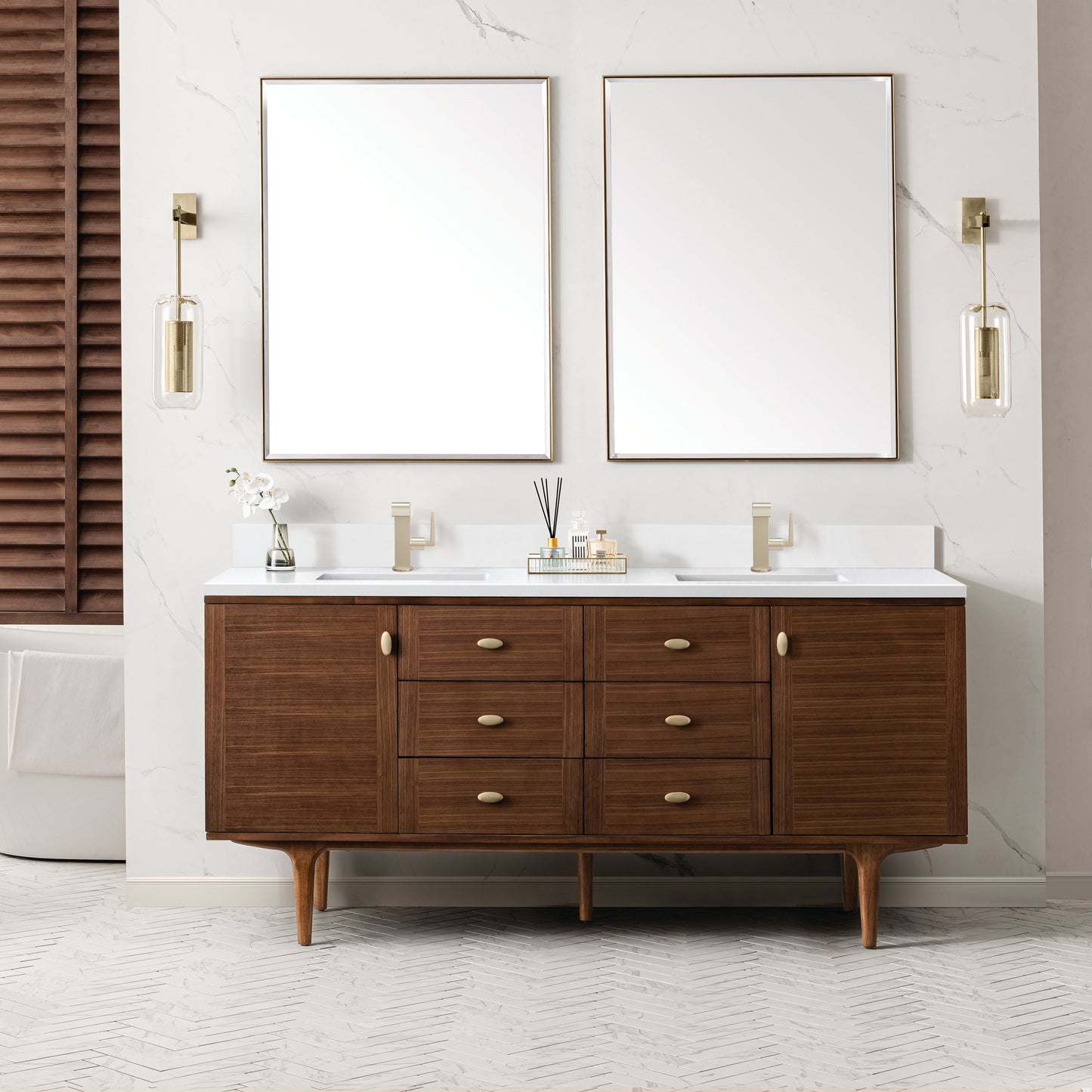 
                  
                    Amberly 72" Double Vanity in Mid-Century Walnut Double Bathroom Vanity James Martin Vanities White Zeus Silestone Single-Hole Faucet Top with Backsplash 
                  
                