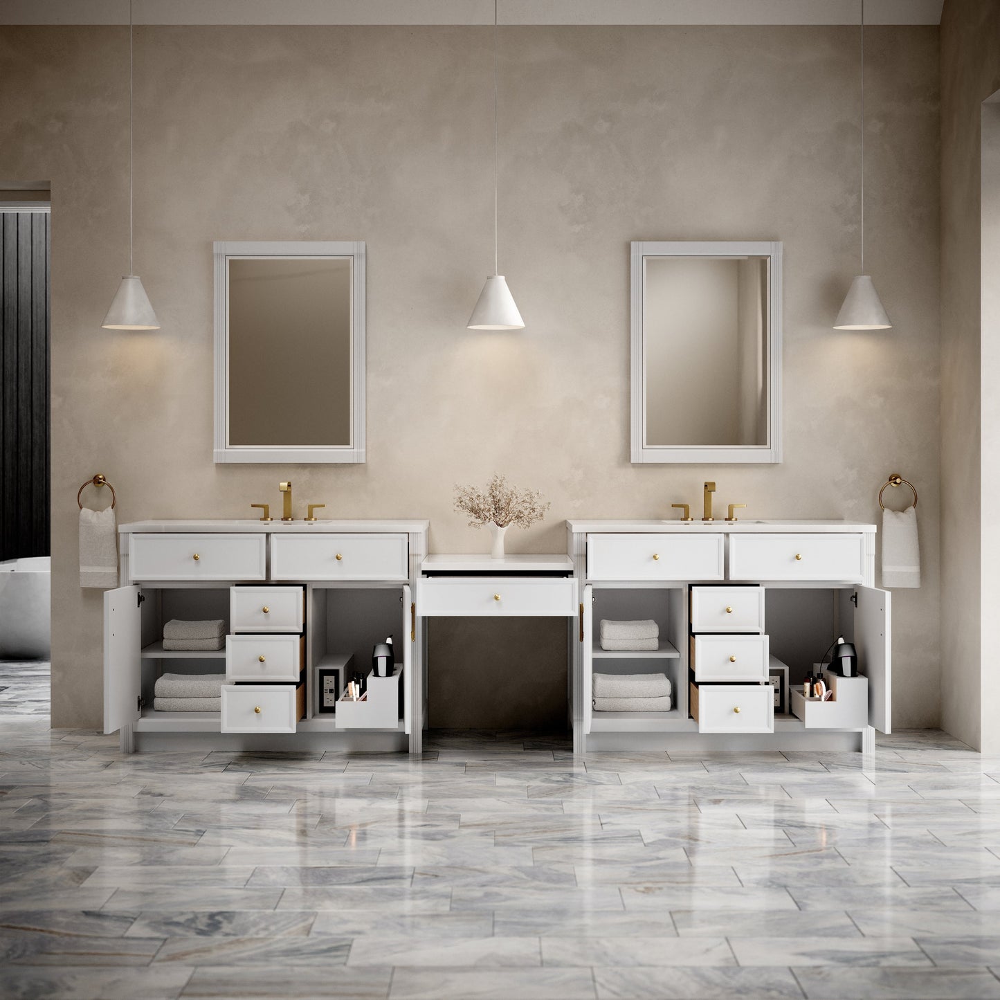 
                  
                    Bellshire 120" Dual Vanity Set with 24" Make-Up Counter in Bright White James Martin Vanities 
                  
                