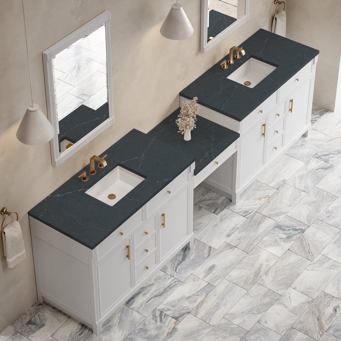 
                  
                    Bellshire 120" Dual Vanity Set with 24" Make-Up Counter in Bright White James Martin Vanities Charcoal Soapstone Silestone 
                  
                