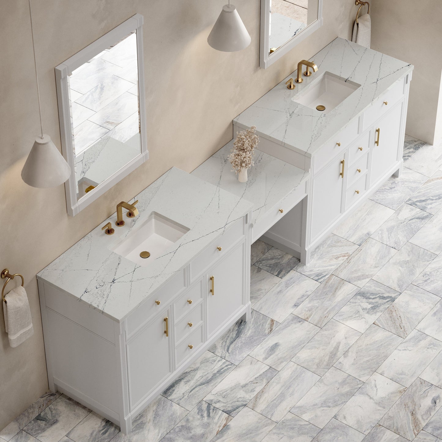 
                  
                    Bellshire 120" Dual Vanity Set with 24" Make-Up Counter in Bright White James Martin Vanities Ethereal Noctis Silestone 
                  
                