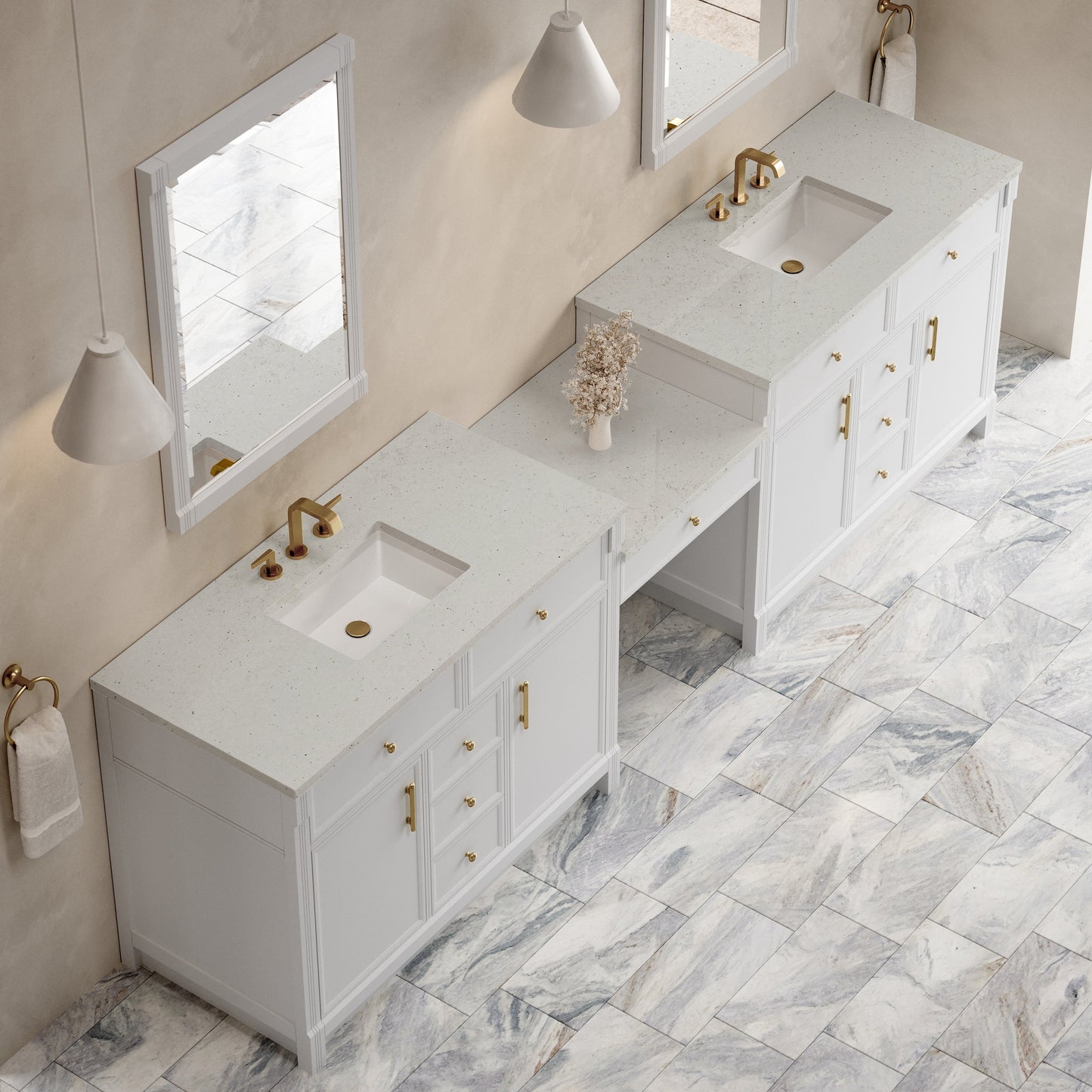 
                  
                    Bellshire 120" Dual Vanity Set with 24" Make-Up Counter in Bright White James Martin Vanities Lime Delight Silestone 
                  
                