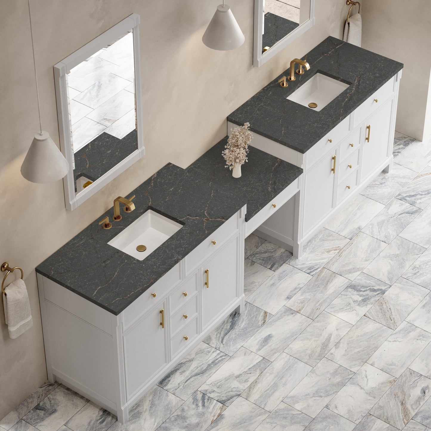 
                  
                    Bellshire 120" Dual Vanity Set with 24" Make-Up Counter in Bright White James Martin Vanities Parisien Bleu Silestone 
                  
                