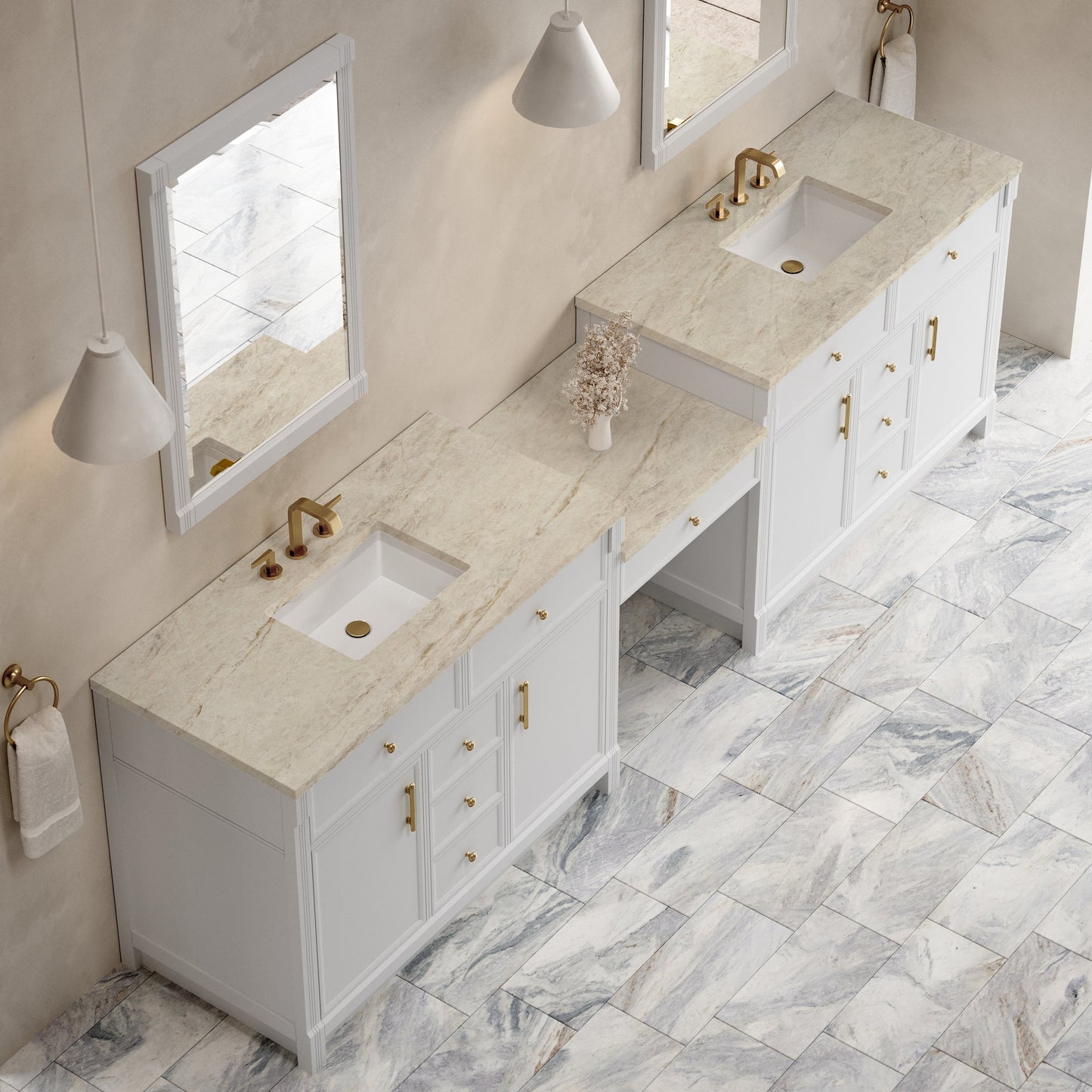
                  
                    Bellshire 120" Dual Vanity Set with 24" Make-Up Counter in Bright White James Martin Vanities Tajnar Eclos 
                  
                