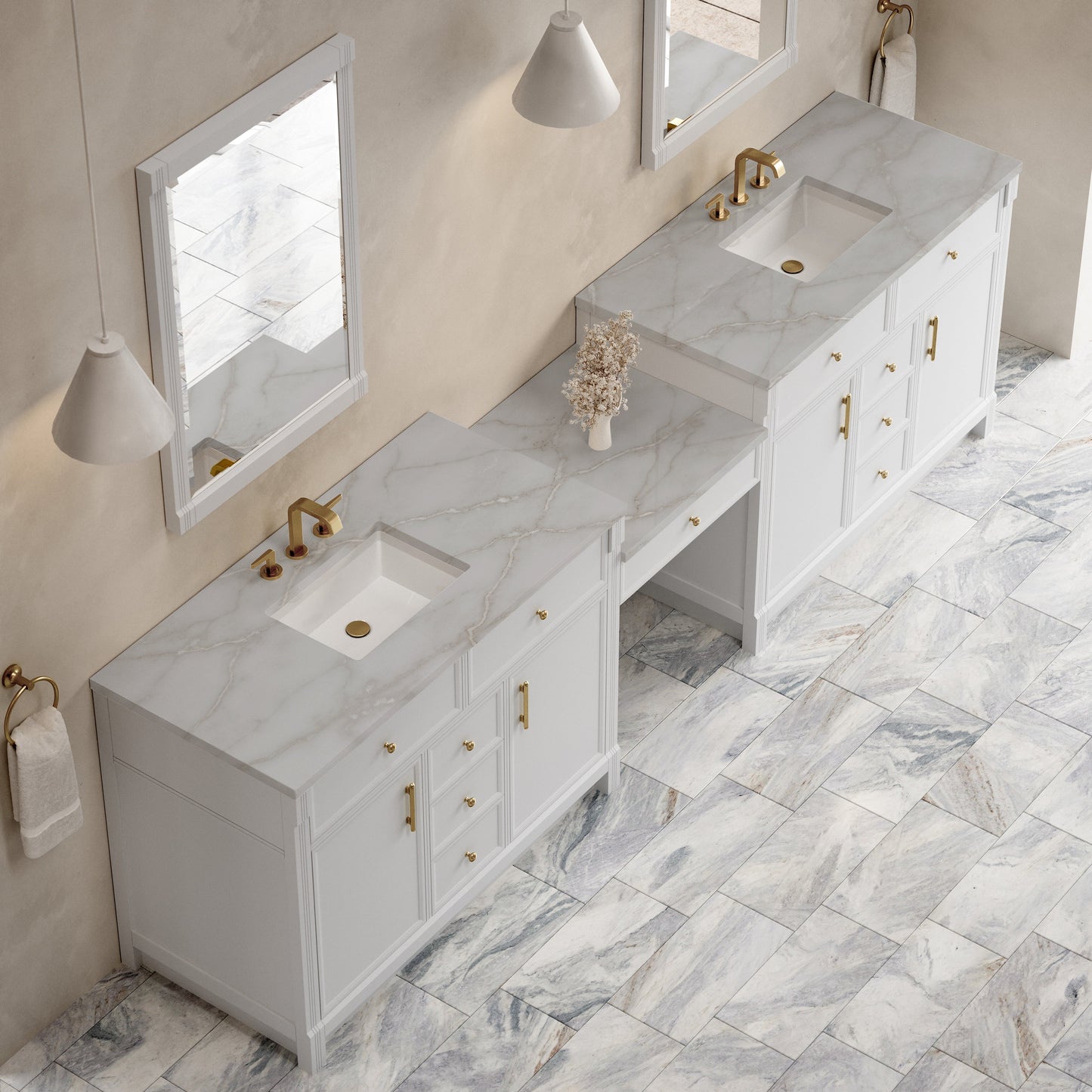 
                  
                    Bellshire 120" Dual Vanity Set with 24" Make-Up Counter in Bright White James Martin Vanities Victorian Silver Silestone 
                  
                