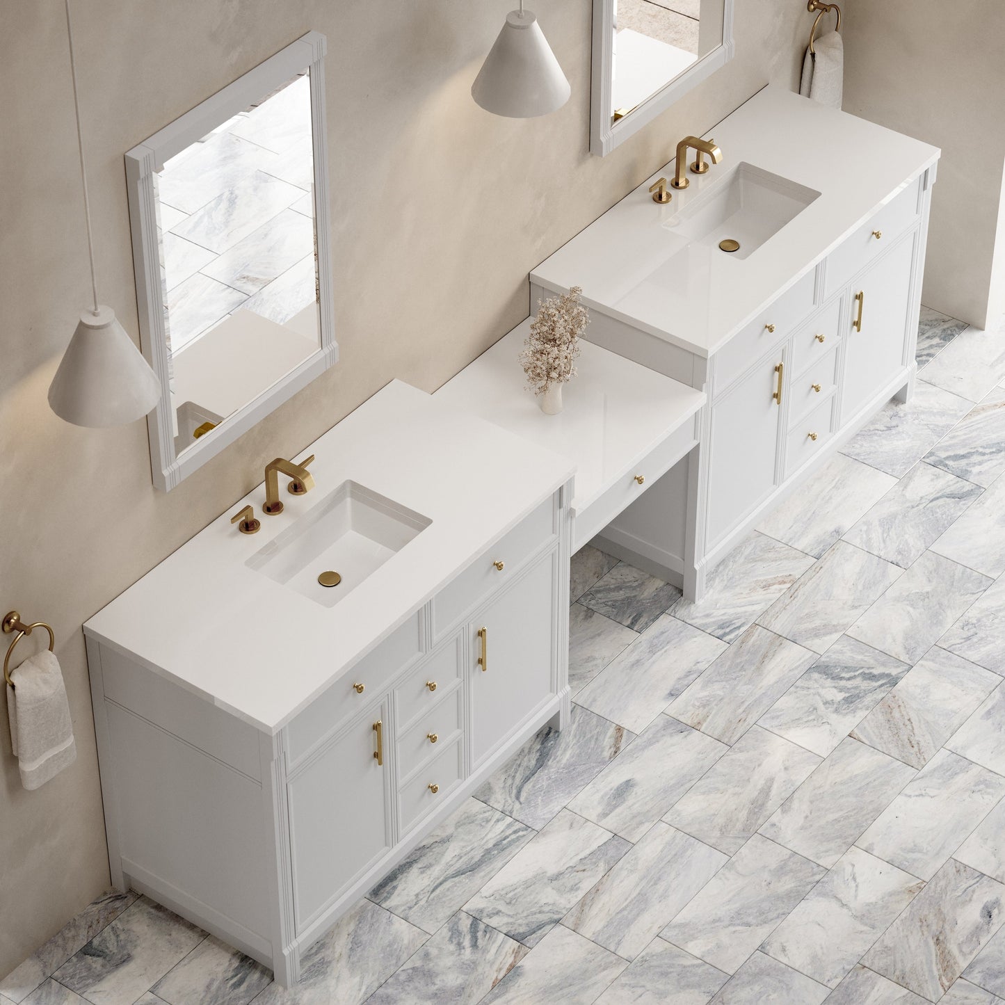 
                  
                    Bellshire 120" Dual Vanity Set with 24" Make-Up Counter in Bright White James Martin Vanities White Zeus Silestone 
                  
                