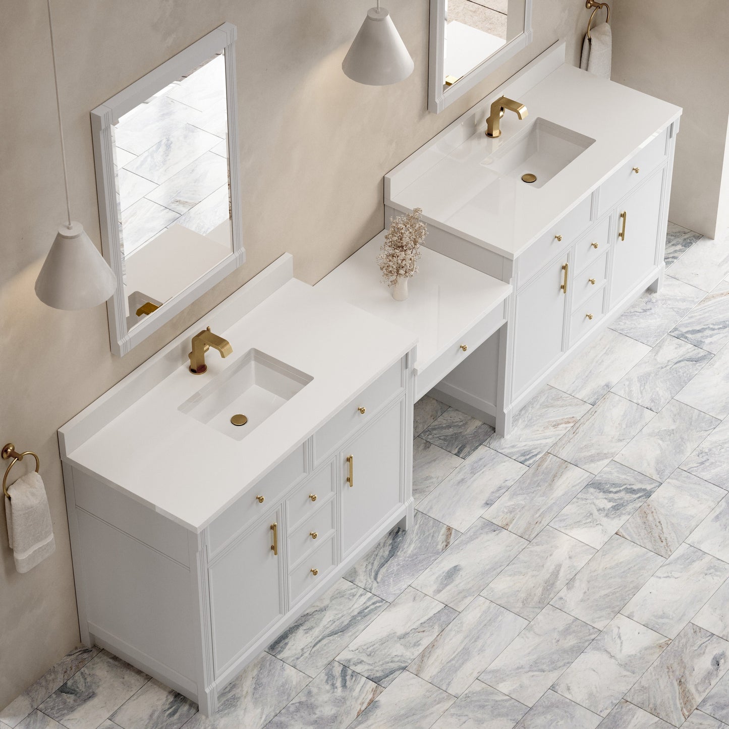 
                  
                    Bellshire 120" Dual Vanity Set with 24" Make-Up Counter in Bright White James Martin Vanities White Zeus SilestoneSingle-Hole Faucet 
                  
                