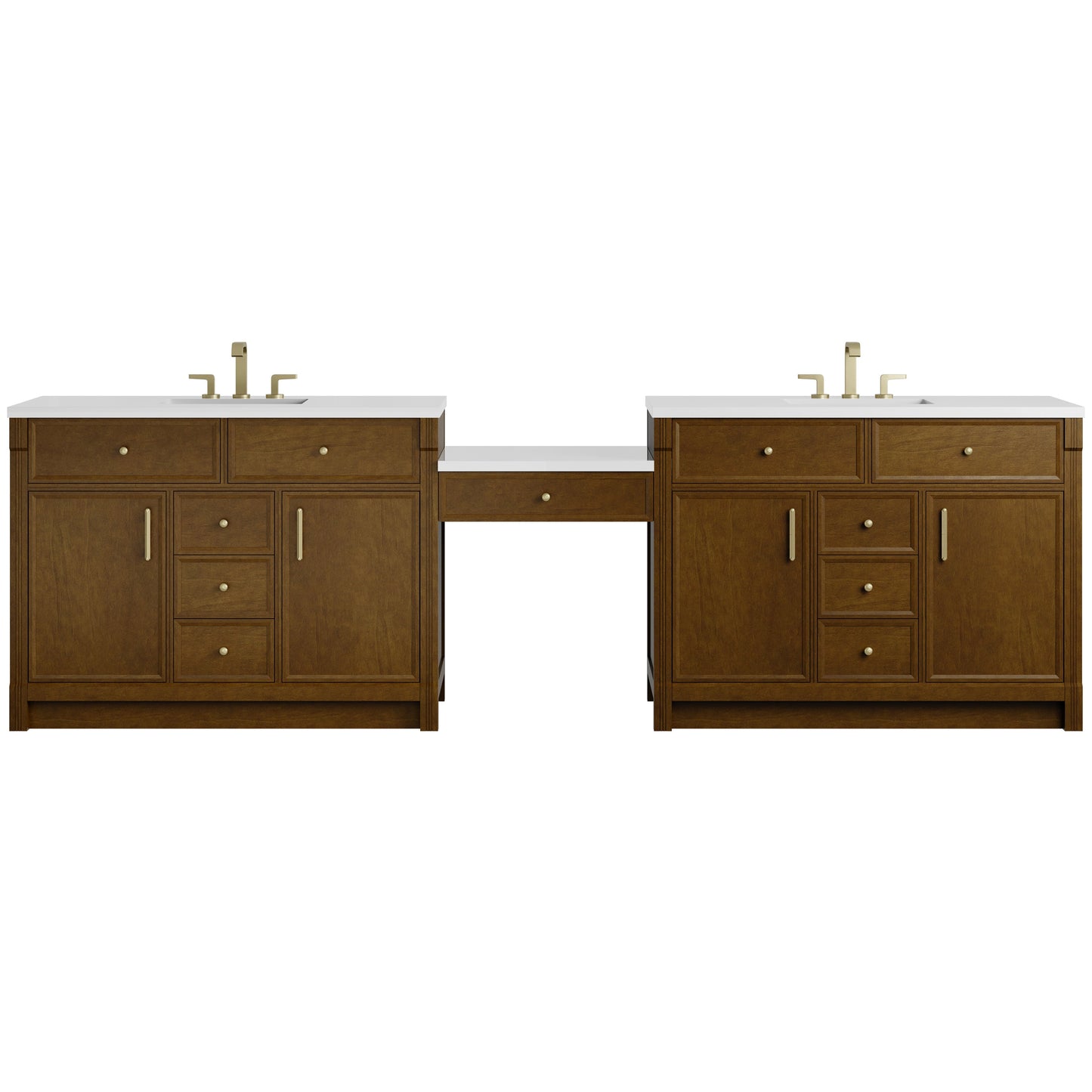 
                  
                    Bellshire 120" Dual Vanity Set with 24" Make-Up Counter in Honey Oak James Martin Vanities 
                  
                