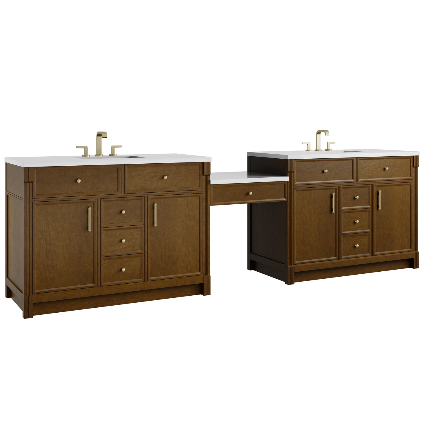 
                  
                    Bellshire 120" Dual Vanity Set with 24" Make-Up Counter in Honey Oak James Martin Vanities 
                  
                