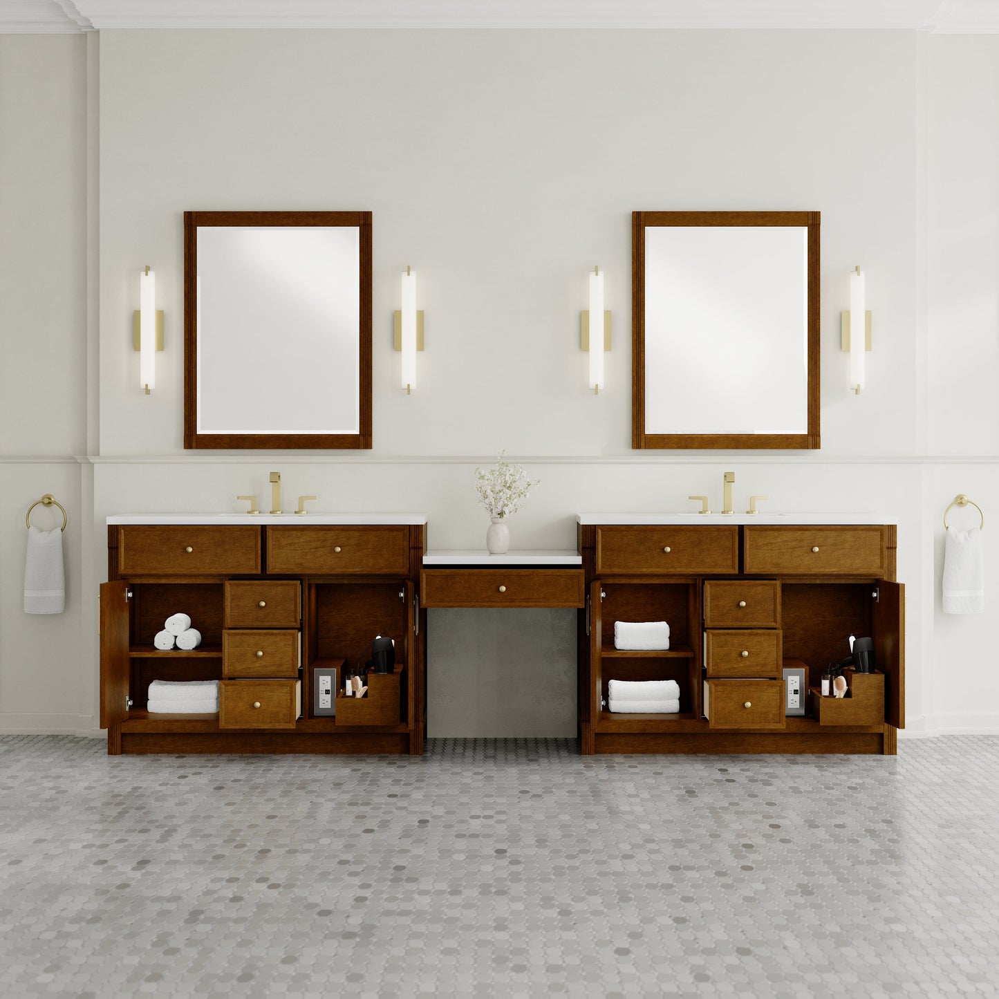 
                  
                    Bellshire 120" Dual Vanity Set with 24" Make-Up Counter in Honey Oak James Martin Vanities 
                  
                