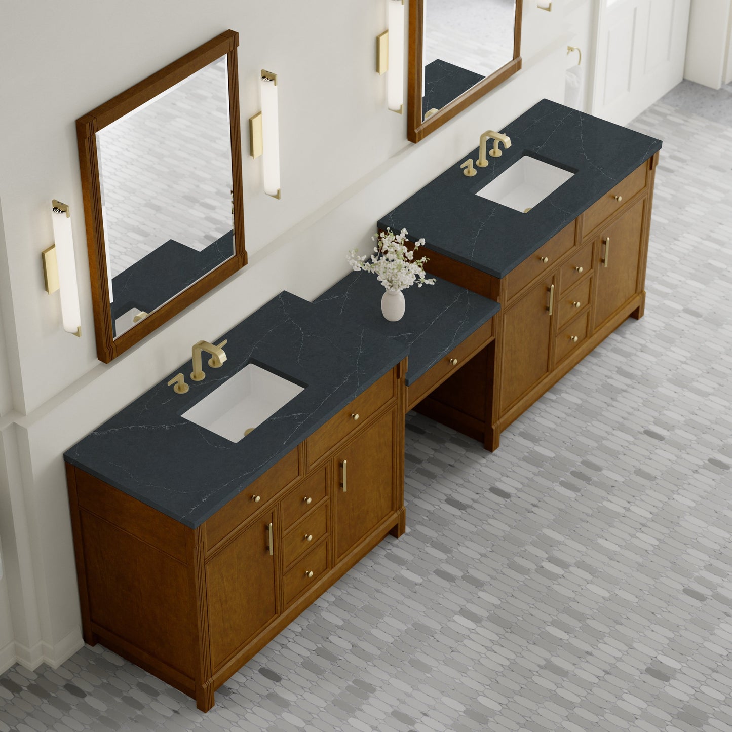 
                  
                    Bellshire 120" Dual Vanity Set with 24" Make-Up Counter in Honey Oak James Martin Vanities Charcoal Soapstone Silestone 
                  
                