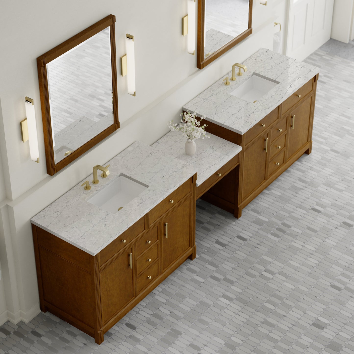 
                  
                    Bellshire 120" Dual Vanity Set with 24" Make-Up Counter in Honey Oak James Martin Vanities Eternal Jasmine Pearl Silestone 
                  
                