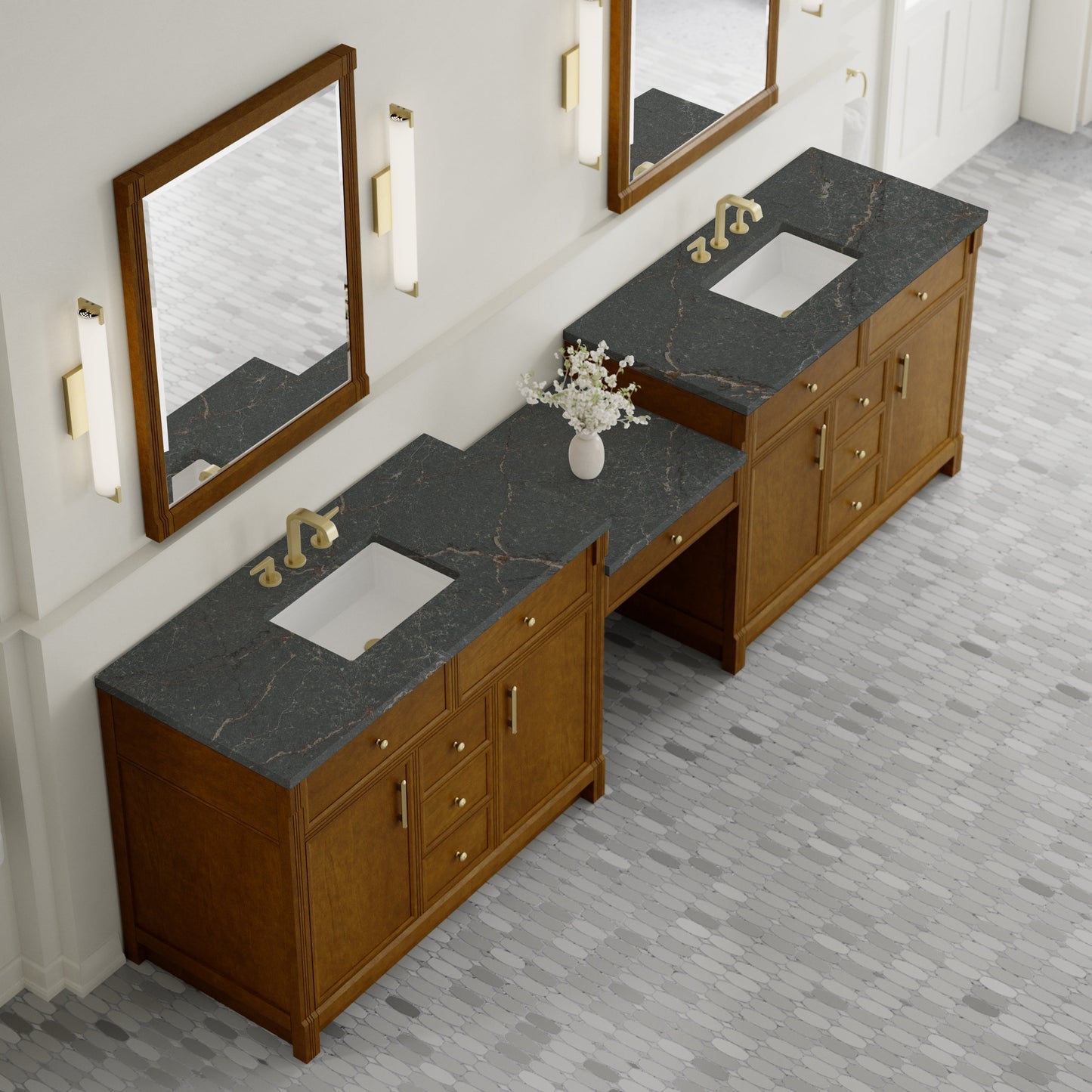 
                  
                    Bellshire 120" Dual Vanity Set with 24" Make-Up Counter in Honey Oak James Martin Vanities Parisien Bleu Silestone 
                  
                