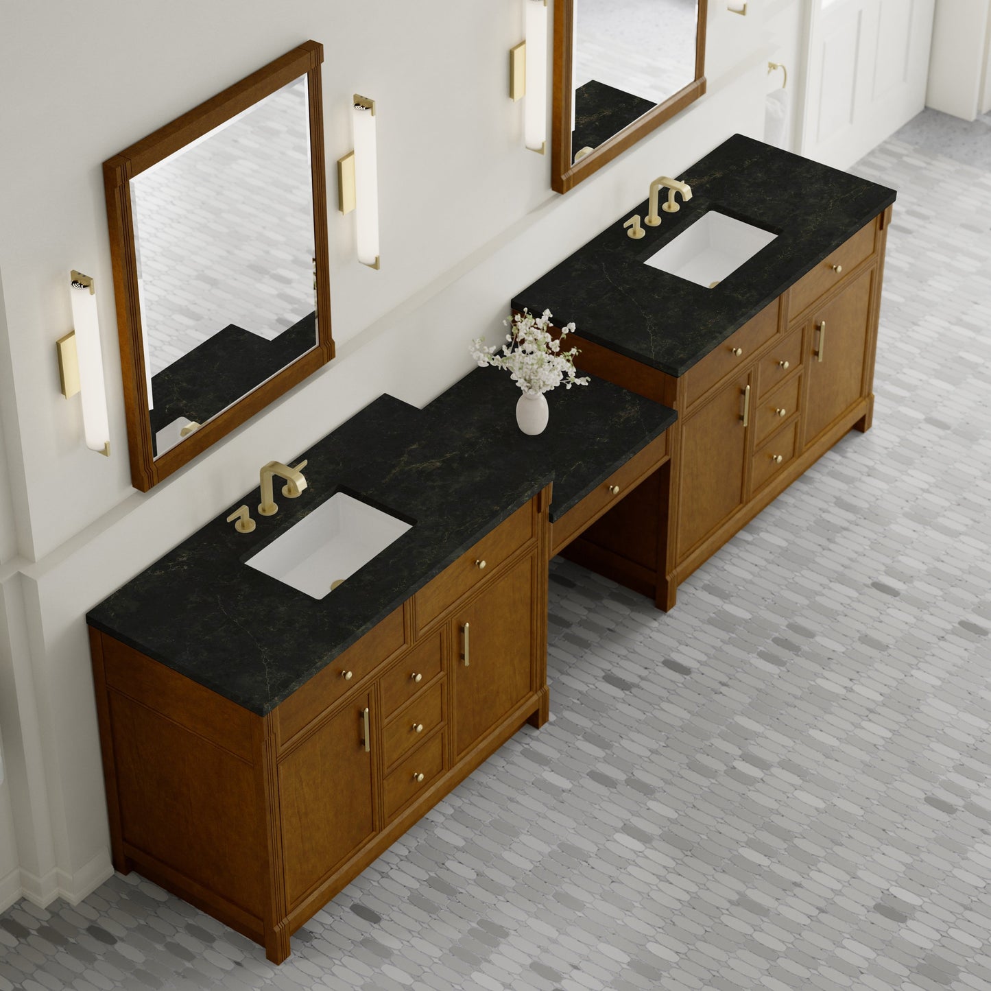 
                  
                    Bellshire 120" Dual Vanity Set with 24" Make-Up Counter in Honey Oak James Martin Vanities Phantome Eclos 
                  
                